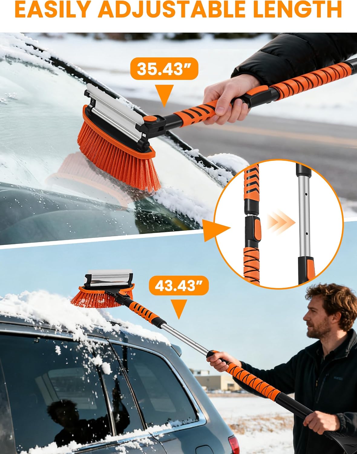 Ordenado 43" Snow Brush and Ice Scraper - Extendable Snow Scrapers and Cleaner for Car Windshield, 180° Pivoting Window Snowbrush with Foam Grip, Long Winter Broom Brushes for SUV, Truck, Auto Vehicle