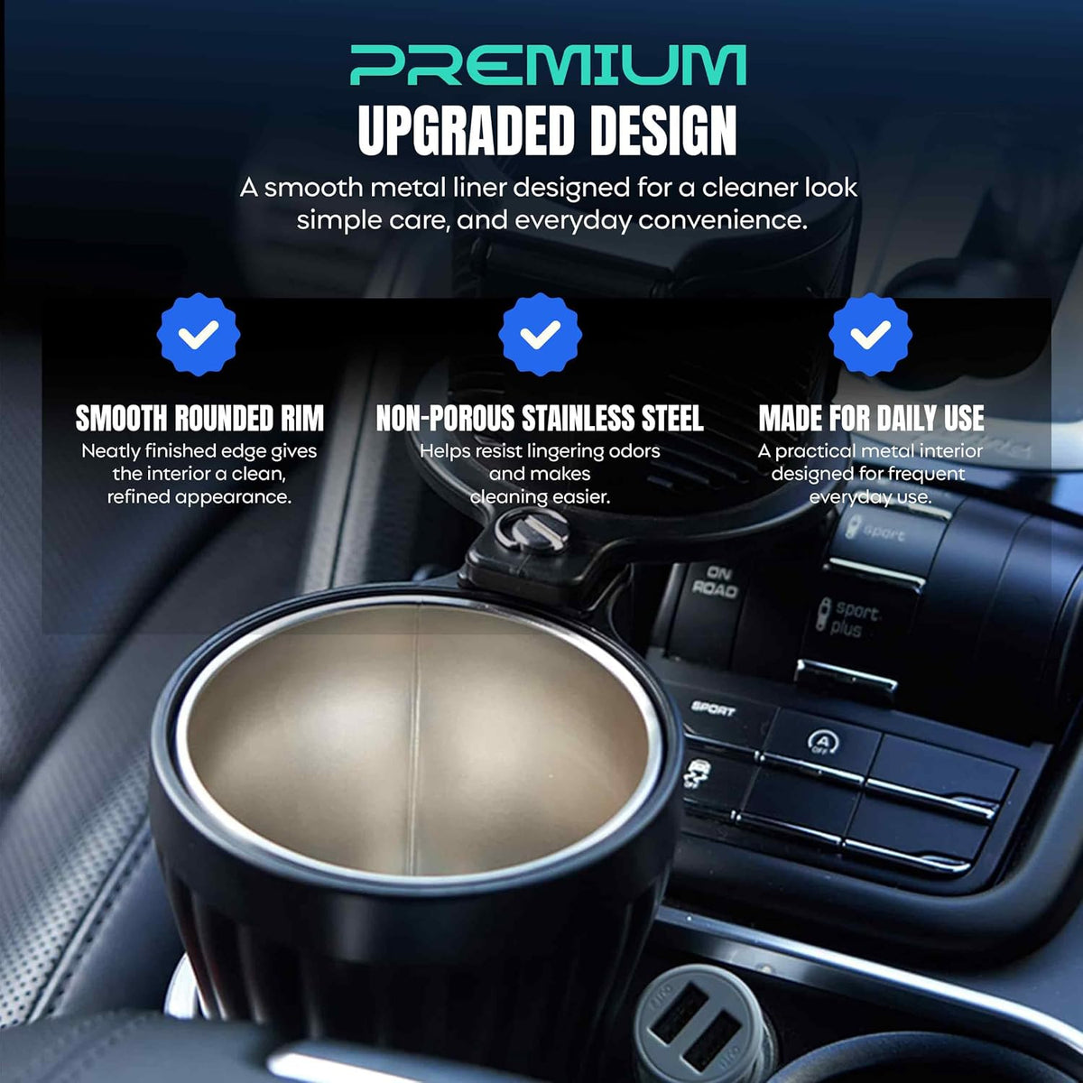 Car Cup Holder Extender with Adjustable Phone Holder, 360° Rotating Cup Holder Expander with Stainless Steel Liner, Fits Tumblers, Water Bottles, Coffee Cups & Soda Cans with Bases Under 78 mm.