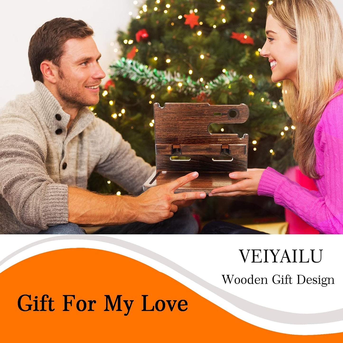 VEIYAILU Gifts for Men Boyfriend Dad Husband Him Wood Phone Docking Station Nightstand Organizer for Men (Walnut)