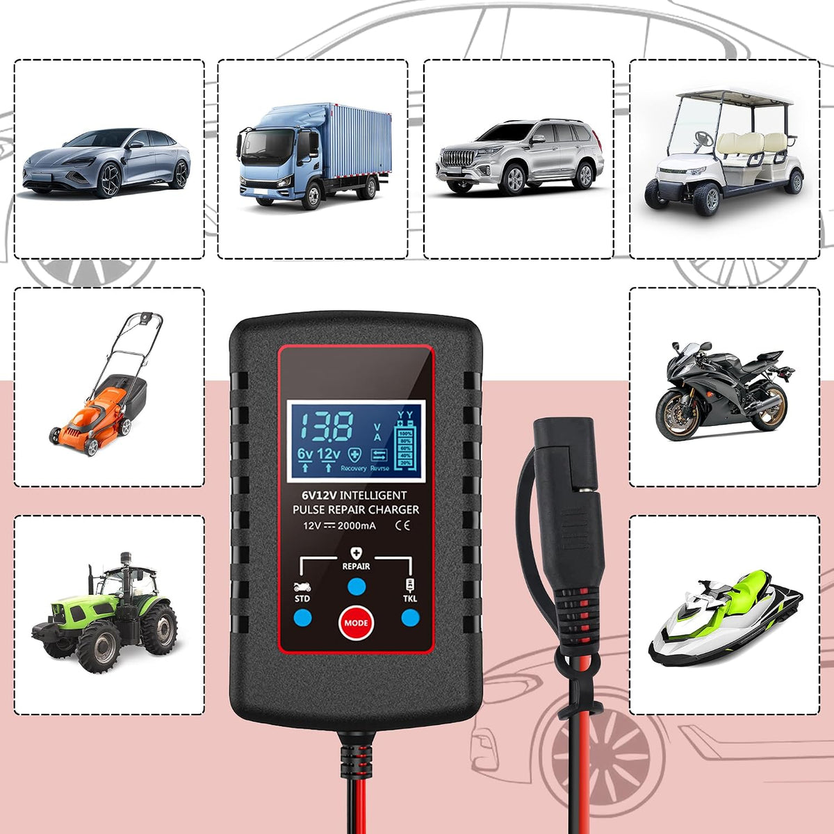 Trickle Charger for Car Battery 12V/6V,Smart Automatic Motorcycle Battery Charger with SAE Cable,Universal Battery Maintainer Car Accessories for Most Cars Trucks Motorcycles