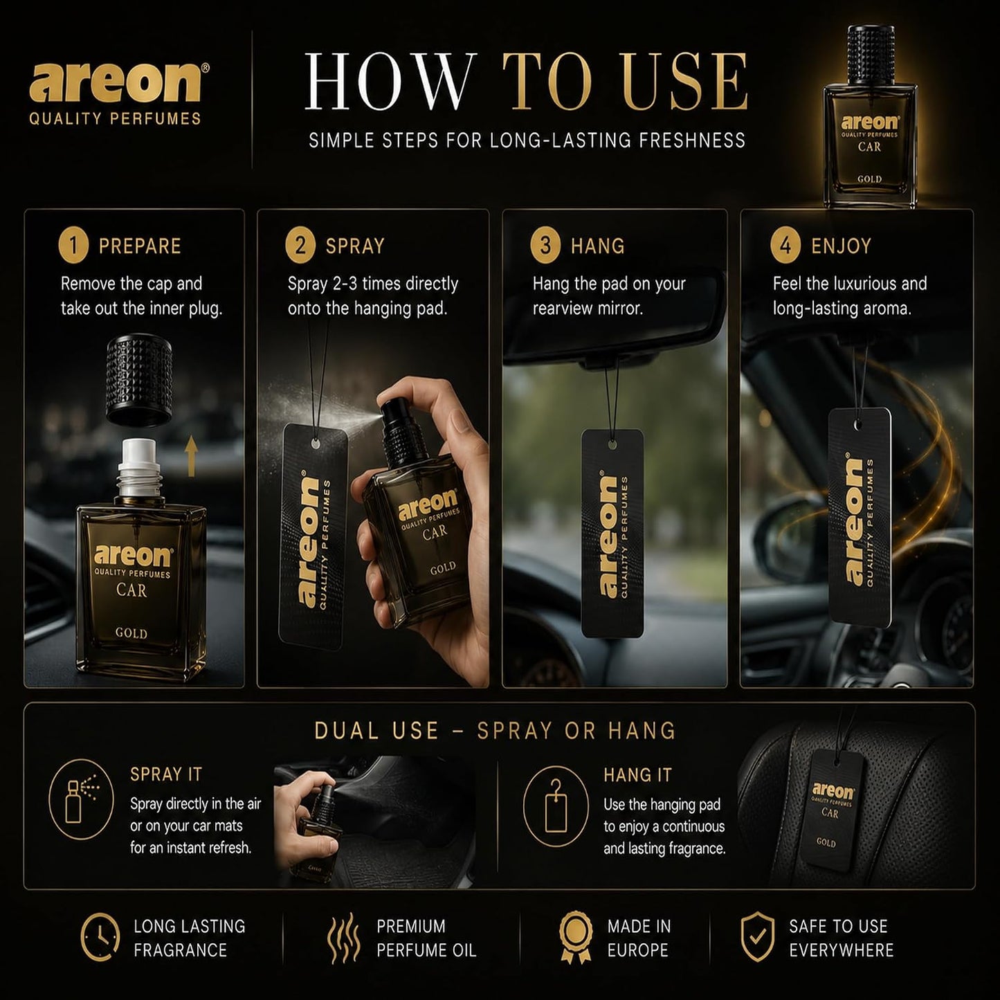 AREON Car Perfume Gold - Air Freshener in Glass Bottle - Luxury Odor Eliminator Spray with Absorber Hanging Pad - Unique Fragrance & Long-Lasting Aroma for Vehicle, Office, Home - Made in Europe, 50ml