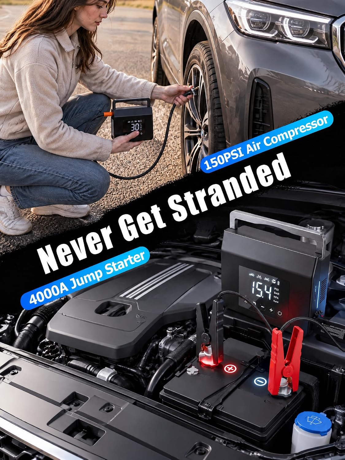 L8 Portable Jump Starter & Tire Inflator,150 PSI Cordless Air Compressor, Jump‑Start Assistance, Emergency Auxiliary Power, Auto Shut‑off, Digital Gauge, Multi‑Mode LED Light