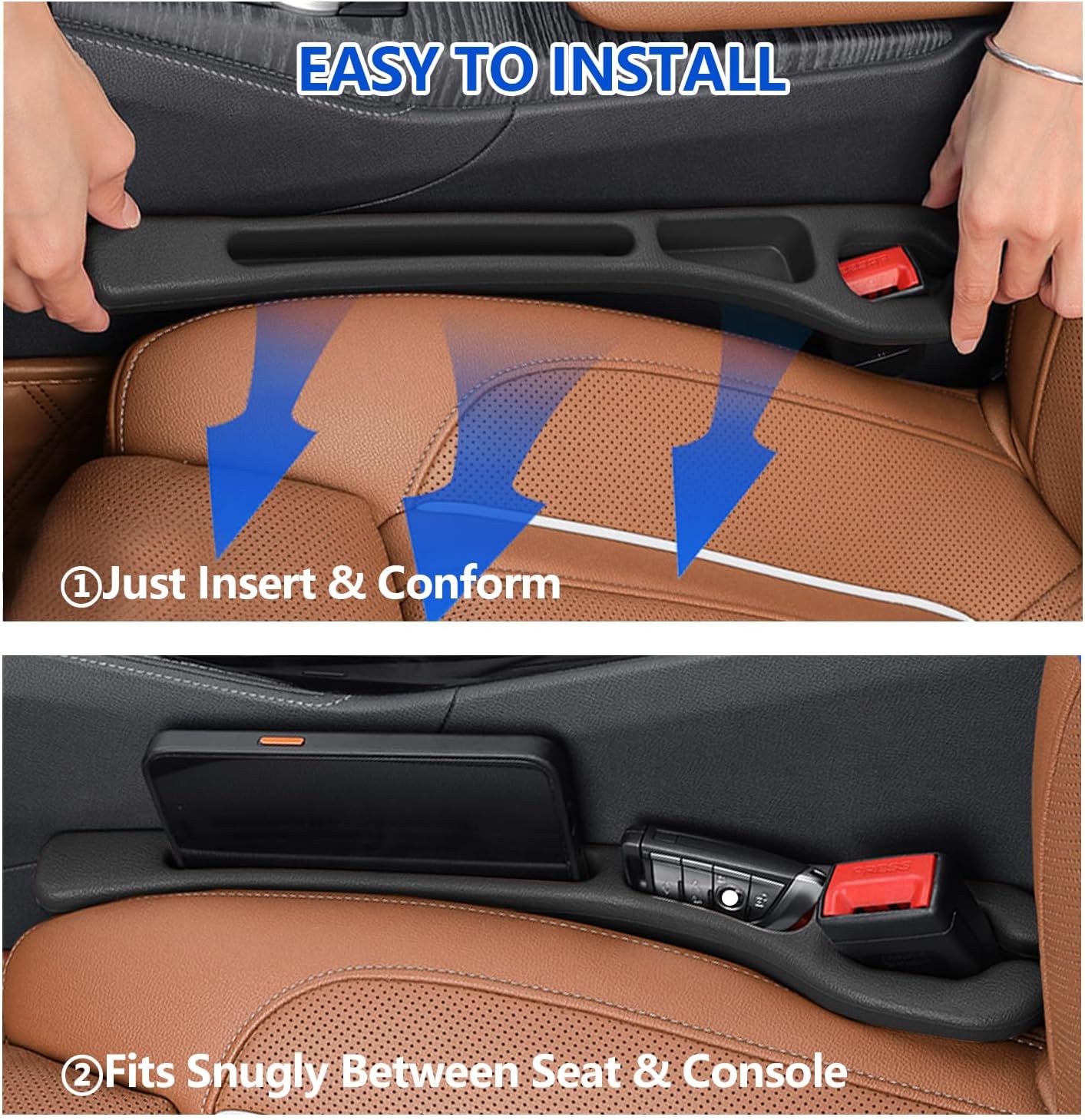 Car Seat Gap Filler Organizer 2Pcs,Car Accessories with Safety Hammer,2 in 1 No Drop Seat Guard with Storage Slot for Phone,Keys,Universal Interior Gap Filler for Cars SUV Truck,Black
