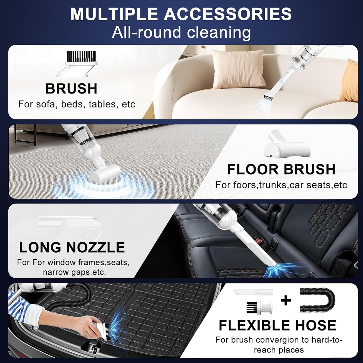 2-in-1 Cordless Handheld Vacuum, 10000Pa, LED Light for Car & Home