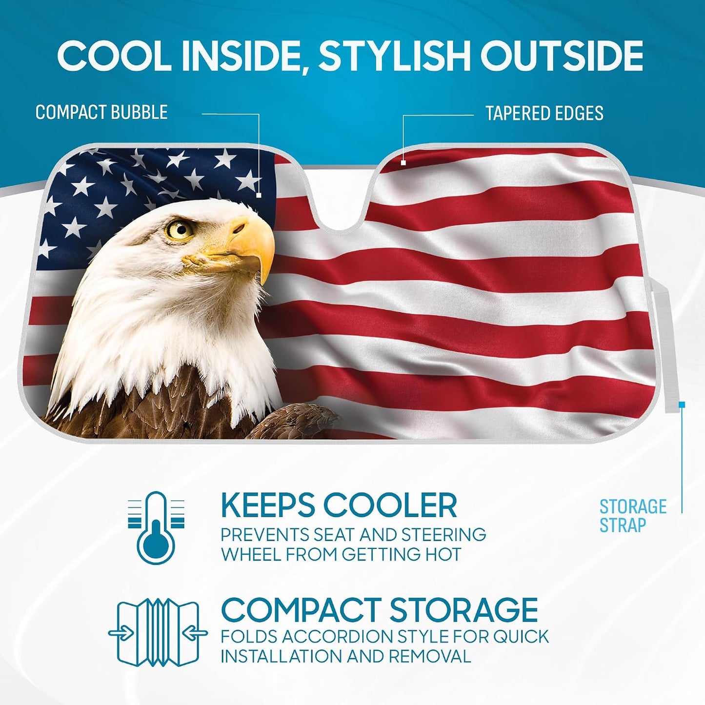 BDK USA Patriotic American Flag Sun Visor for Car Windshield Cover - Bald Eagle Truck Window Shade 4th of July Car Flag Sun Visor for Truck Windshield Sunshade - Accordion Windshield Sun Shade 58 x 28