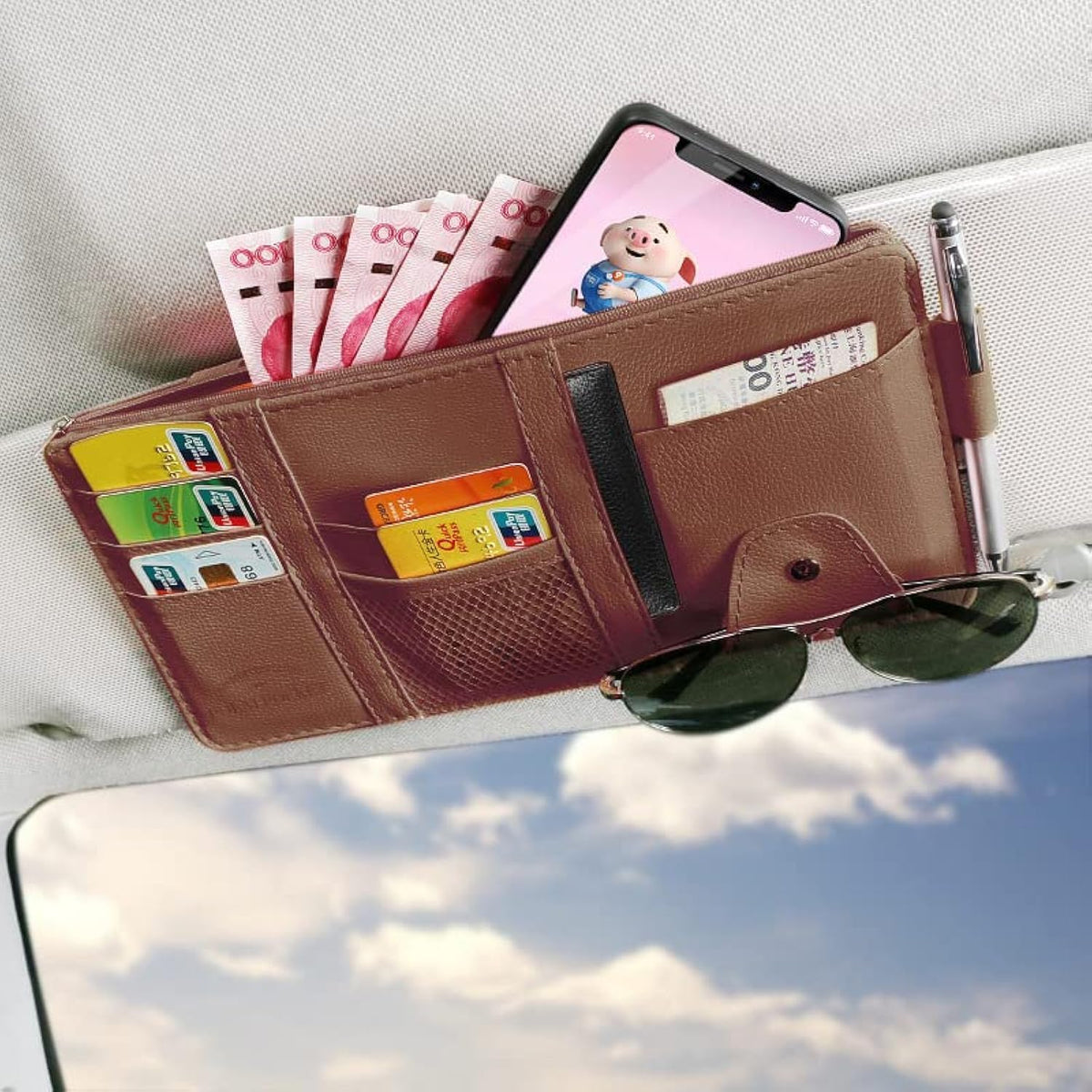 JEYODA Sun Visor Organizer Auto Interior Accessories Storage Pocket With Multi-Pocket Net Zippers (Style 2-Brown)
