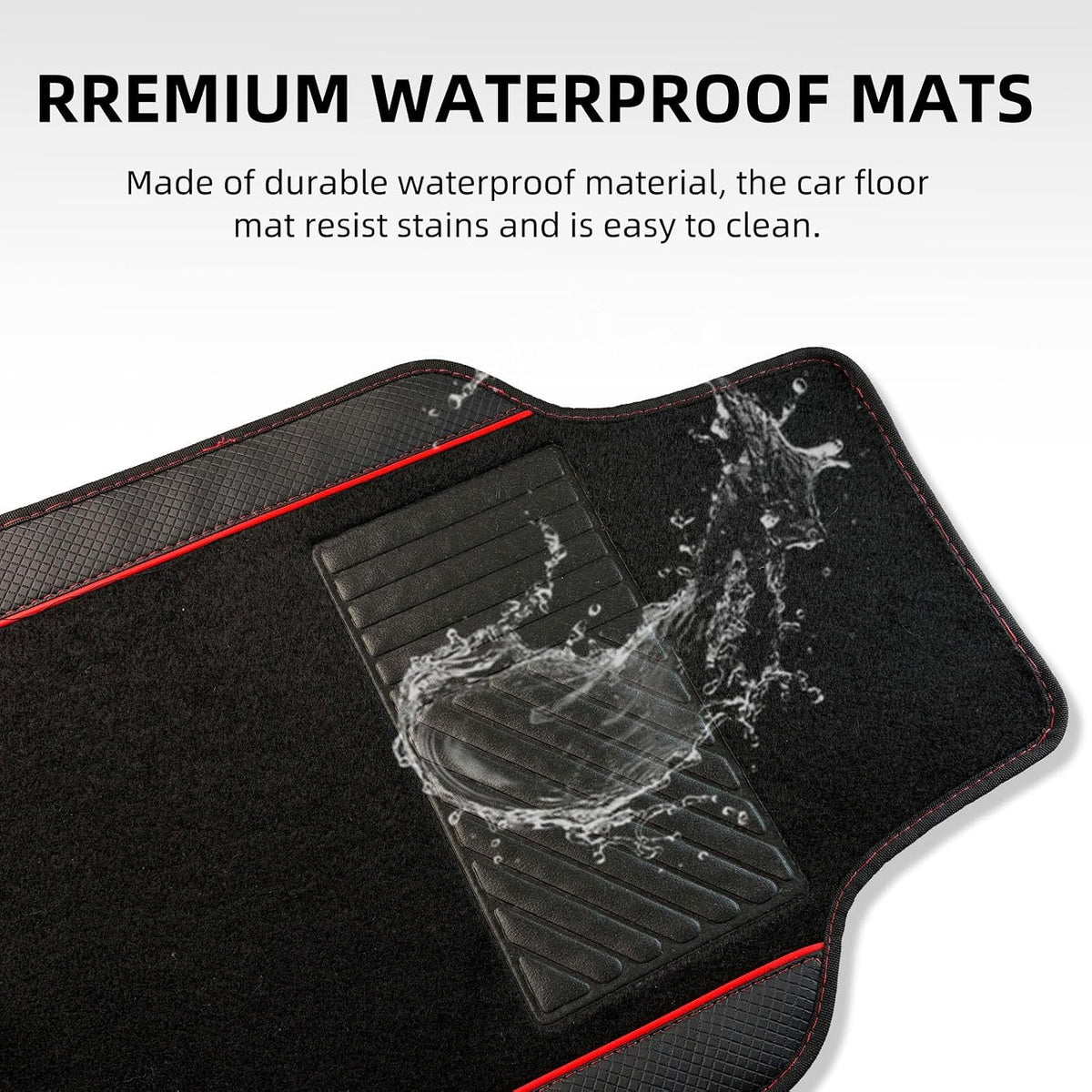 NBTEPEM Waterproof Universal Fit Car Floor Mats, Faux Leather Sporty Car Carpet Mats with Anti-Slip Nibbs Backing & Driver Heel Pad Fit for SUV, Vans, Sedans, Trucks, Set of 4 (Black with Red line)