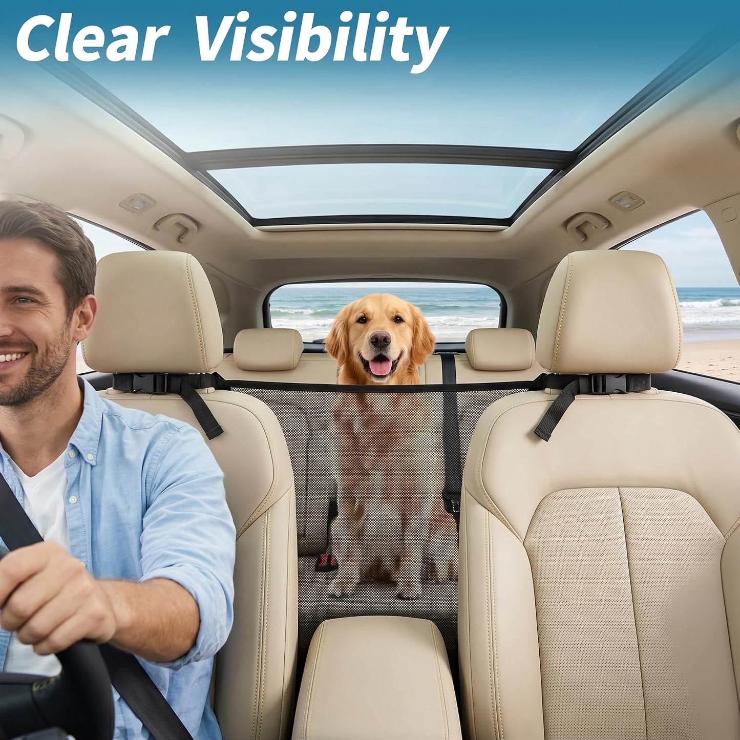 Dog Car Net Barrier for Back Seat, Pet Mesh Divider Gate Between Seats, SUV Truck Backseat Safety Barrier for Dogs Travel