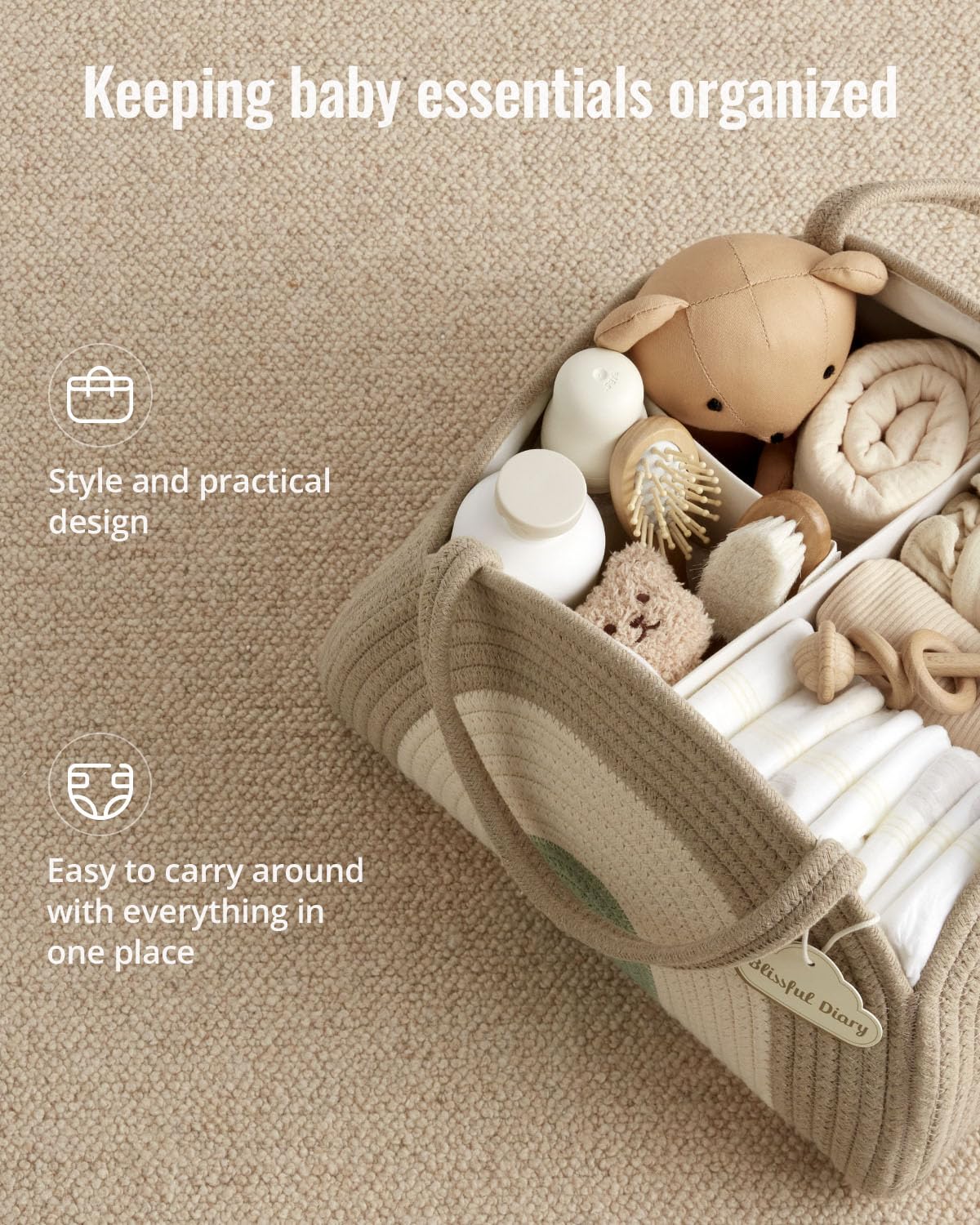 Blissful Diary Baby Diaper Caddy Organizer, Cotton Rope Diaper Caddy Basket, Large Storage Basket for Newborn Boys and Girls, Gift for Baby Shower List, Newborn Essentials, Natural Rainbow