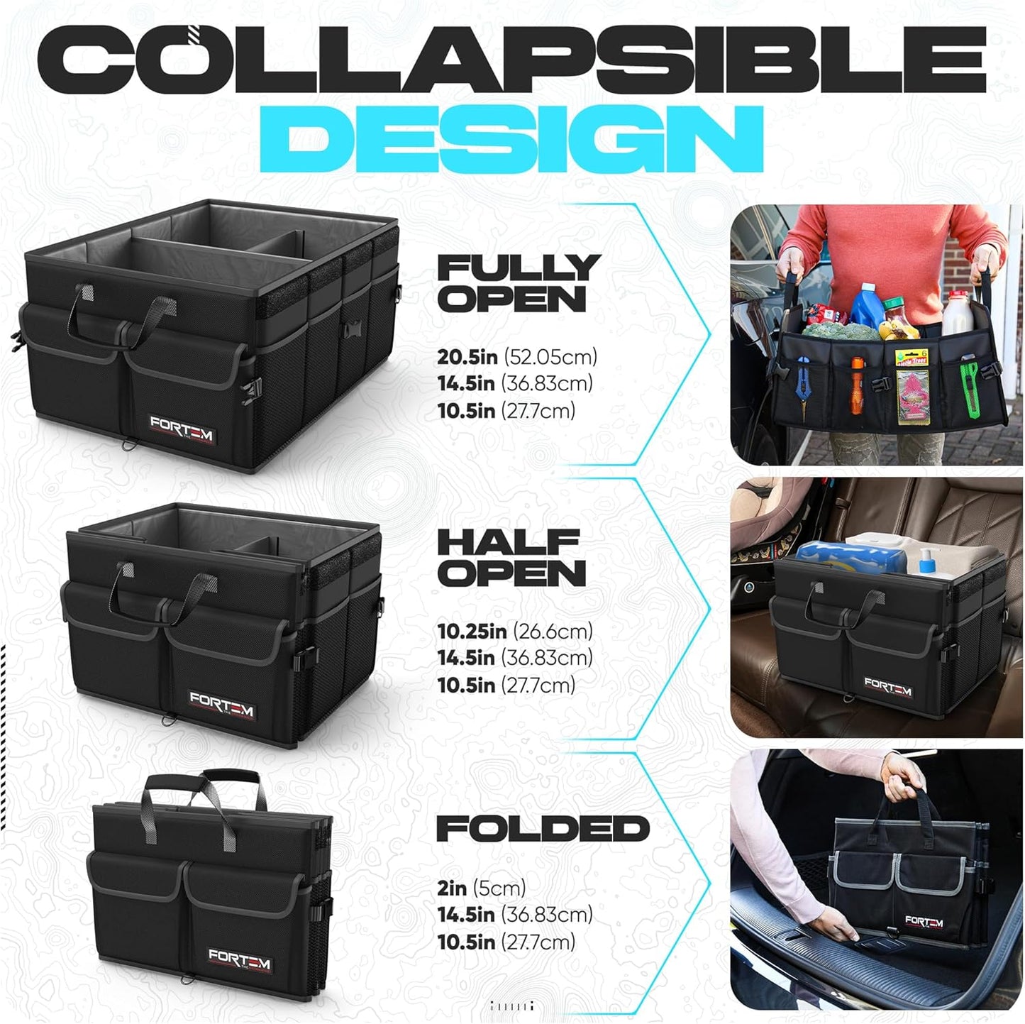 FORTEM Trunk Organizer For SUV Car Trunk Organizer, Foldable Storage, Car Accessories for Women Men, Collapsible Bag, 600D Oxford, Non Slip Bottom, Straps, Soft Cover (50L)