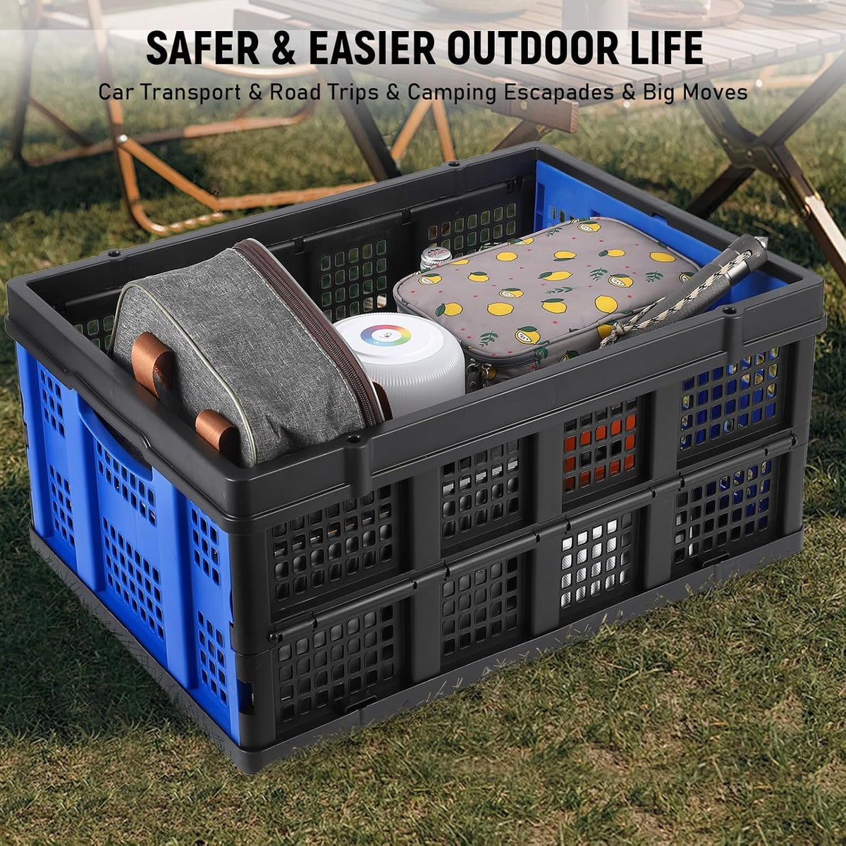 Garvee Heavy Duty Milk Crate Collapsible - 55L Foldable Storage Crate with Handles, Stackable Plastic Crates for Groceries, Moving, Camping & Car Storage (Blue)