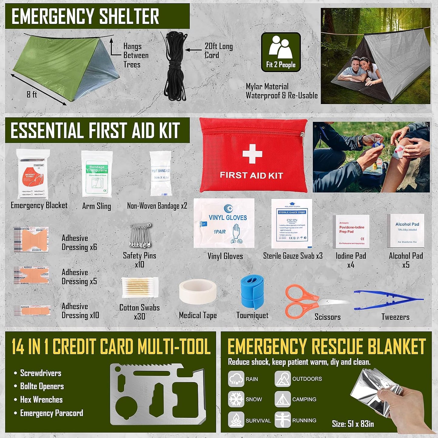 Survival Kit, 268 Pcs Emergency Survival Gear and Equipment Supplies with First Aid Kit, Camping Axe, Headlamp, Crossbody Bag for Camping Hiking, Hunting, Gift for Christmas Men, Dads,