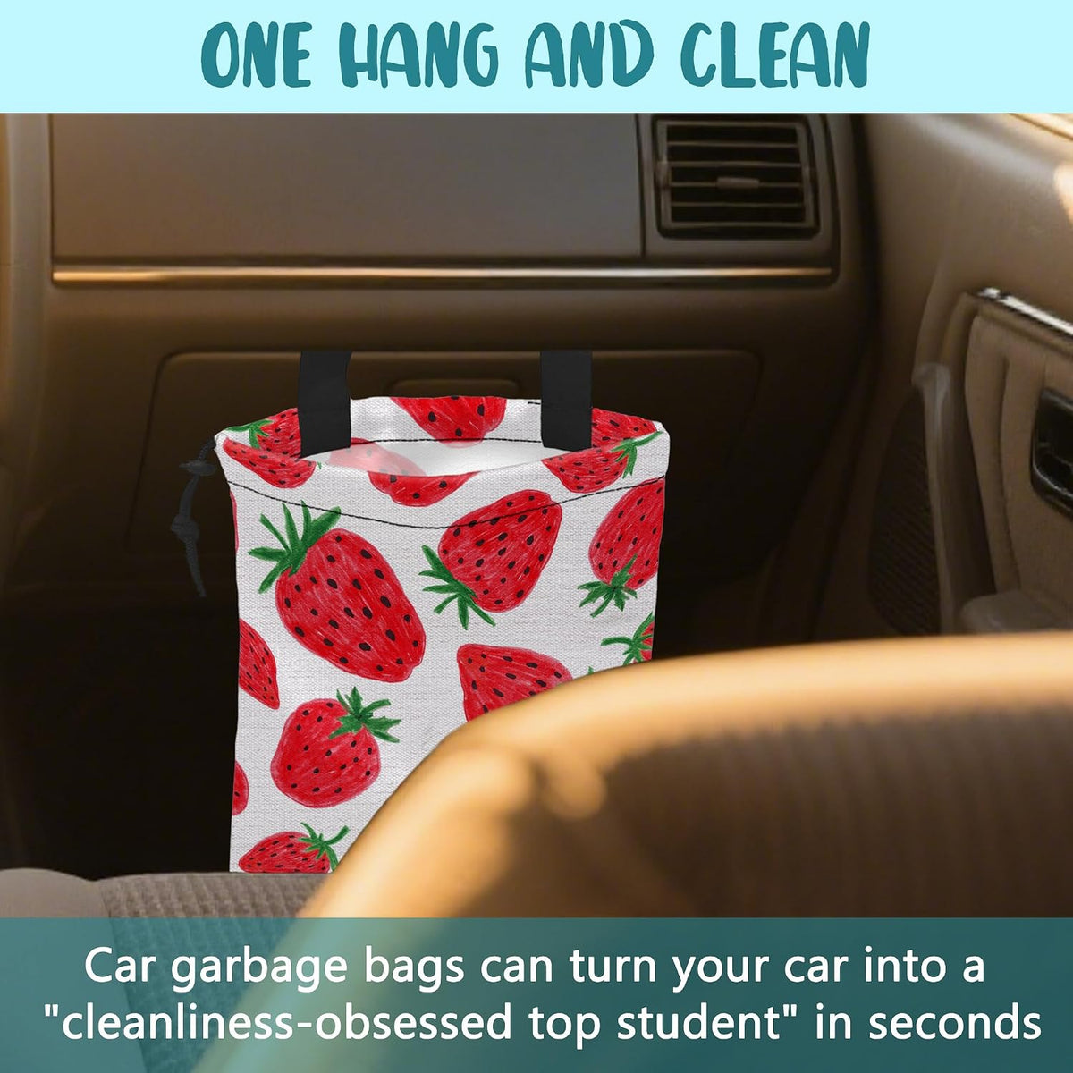 Car Garbage Bag Red Sweet Strawberry Drawstring Car Trash Bag Hanging for Back Seat with Adjustable Buckle Canvas Vehicle Trash Can Easy-to-Install