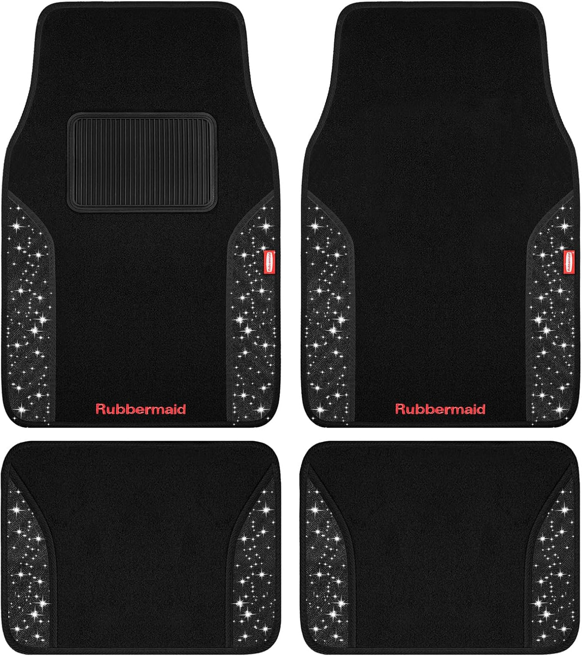 Rubbermaid Bling Car Mats, Carpeted Floor Car Mat with Faux Leather & Built-in Heel Pad, Two-Tone Car Rug Floor Mats, Stylish Carpeted Floor Mats for Cars, Trucks & SUVs Glitter Black Color