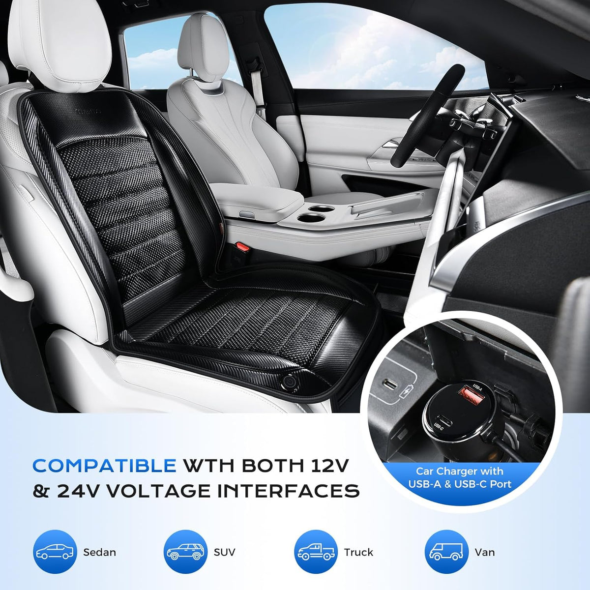 Coverado Cooling Car Seat Cover, Ventilated Seat Cushion for Summer, Cooling Car Seat Pad with Dual Powerful Turbo Fans Universal Fit for Sedan SUV Truck Van, Black