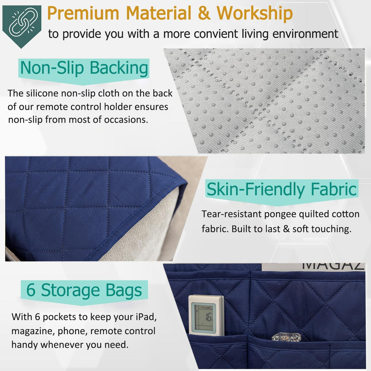 Sofa Armrest Organizer with 6 Pockets, Non-Slip Couch Recliner Armchair Caddy, Washable Remote Controls Holder, Storage for Magazine, Tablet (Navy)