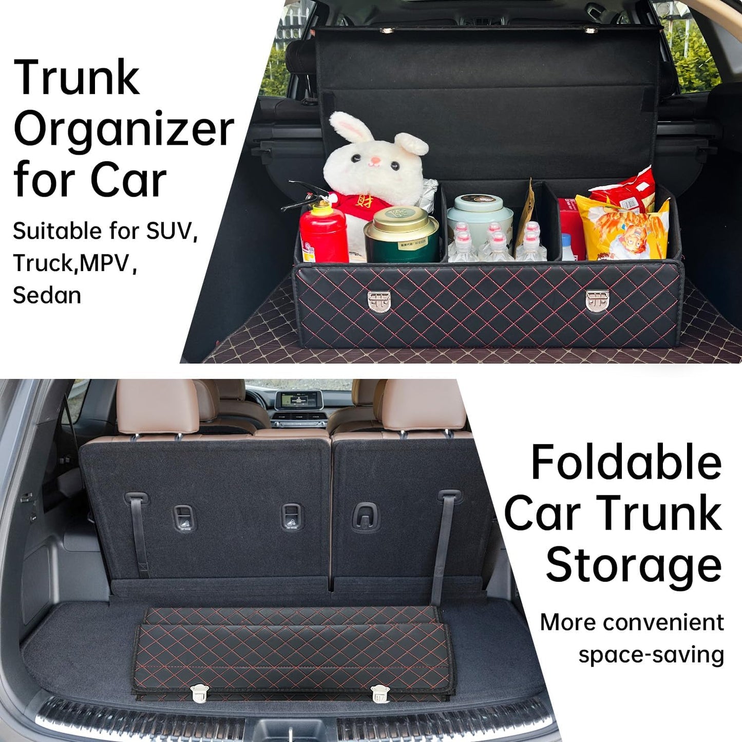 Car Trunk Organizer with Lid,Foldable Faux Leather Cargo Storage Box,3 Compartments,Collapsible Multi-Functional for SUV,Sedan,Vehicle Trunk