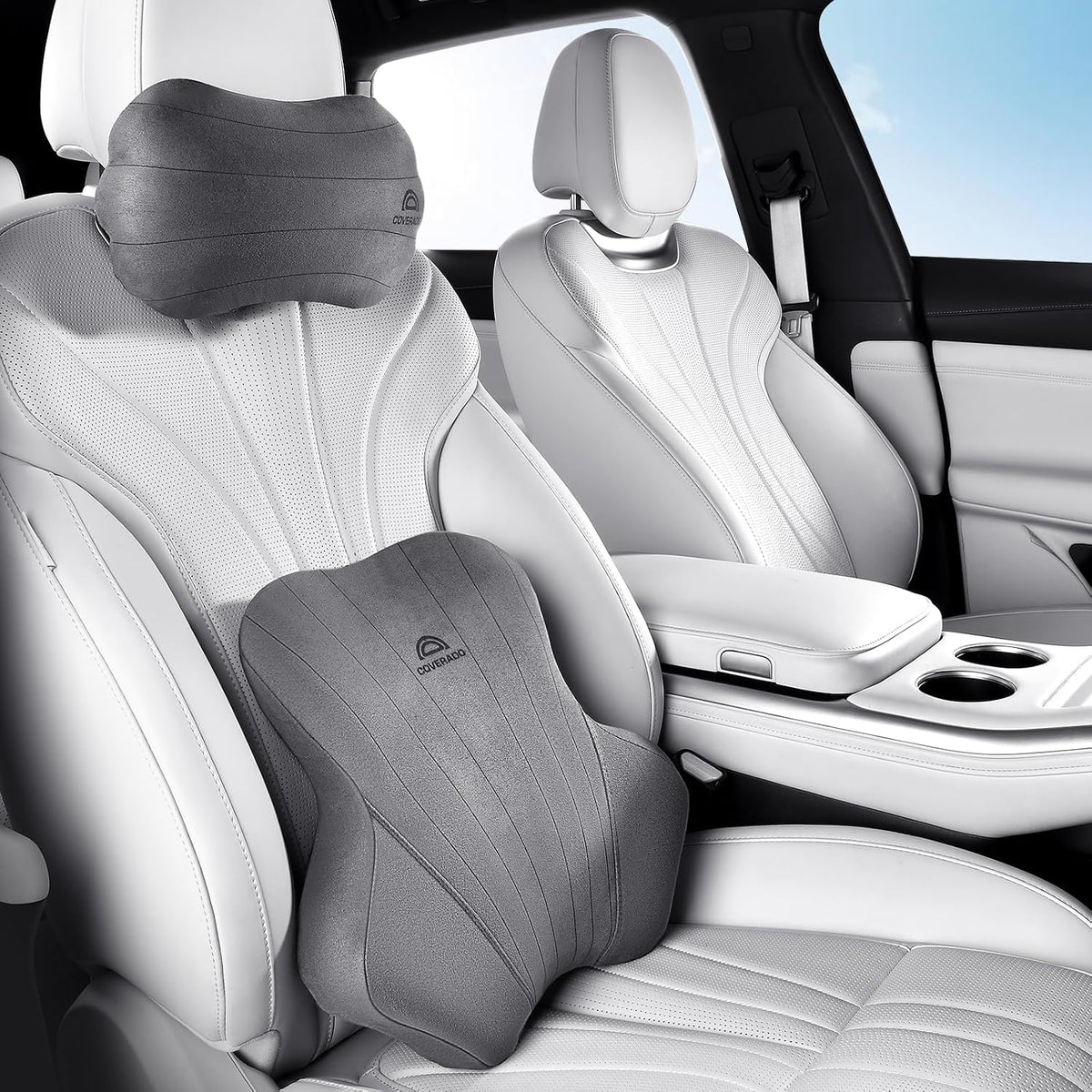 Coverado Car Lumbar Support Pillow and Car Neck Pillow Kit, Ergonomic Design Car Headrest Pillow for Driving, Relax Back Head Muscles Relieve Driving Fatigue, Breathable & Removable Cover