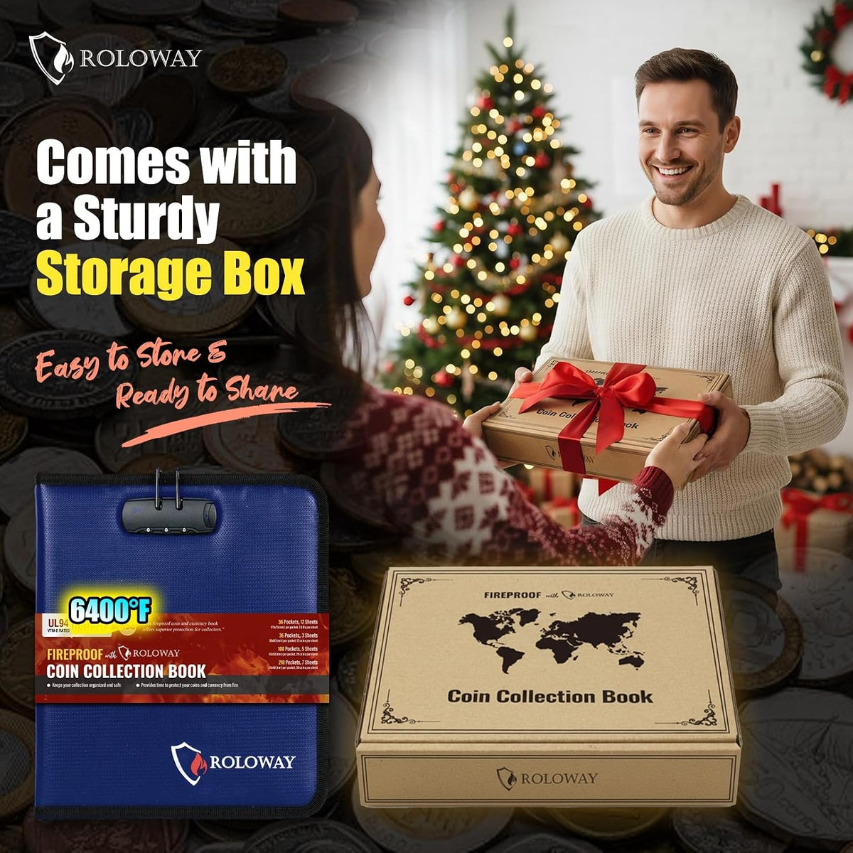 ROLOWAY Coin Collection Book 6400℉ Heat Insulated, 346 Pockets Fireproof Coin Book Holder and 36 Paper Currency Album with Aluminum Foil Layer, Money Saving Coin Collector Book with Lock (Blue)