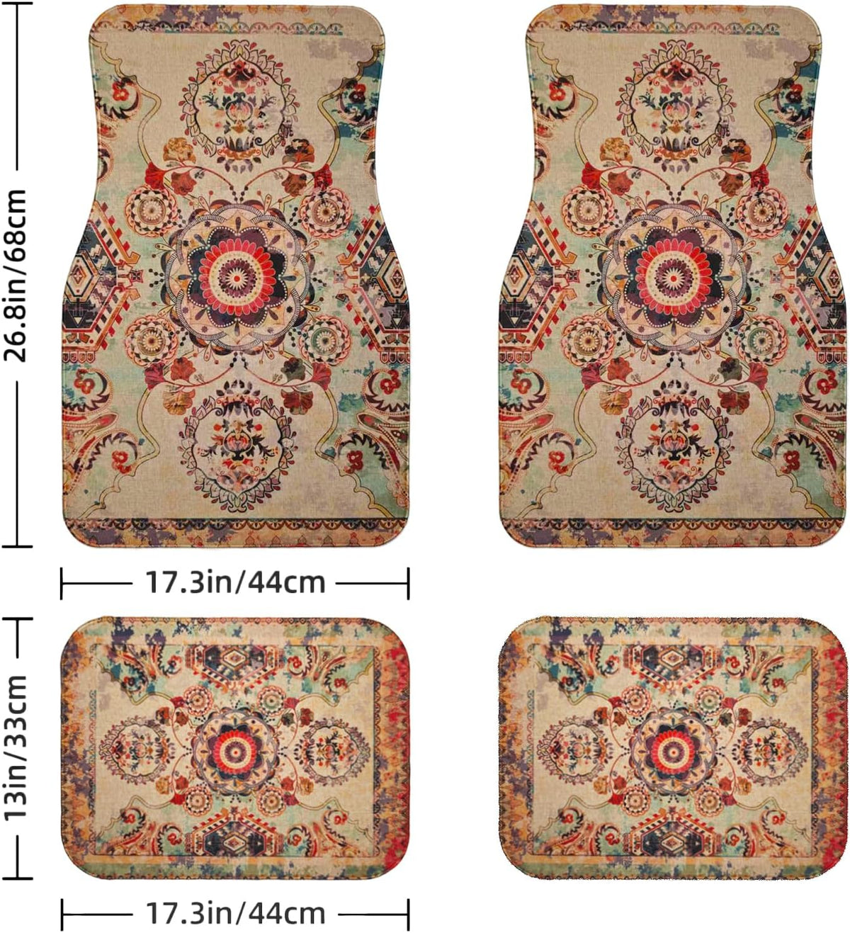 Luxury Car Floor Mats Full Set | Car Decor for Men Women | Vintage Oriental Pattern | Heavy Duty All-Weather Universal Rubber Liners | Non-Slip & Odor-Free