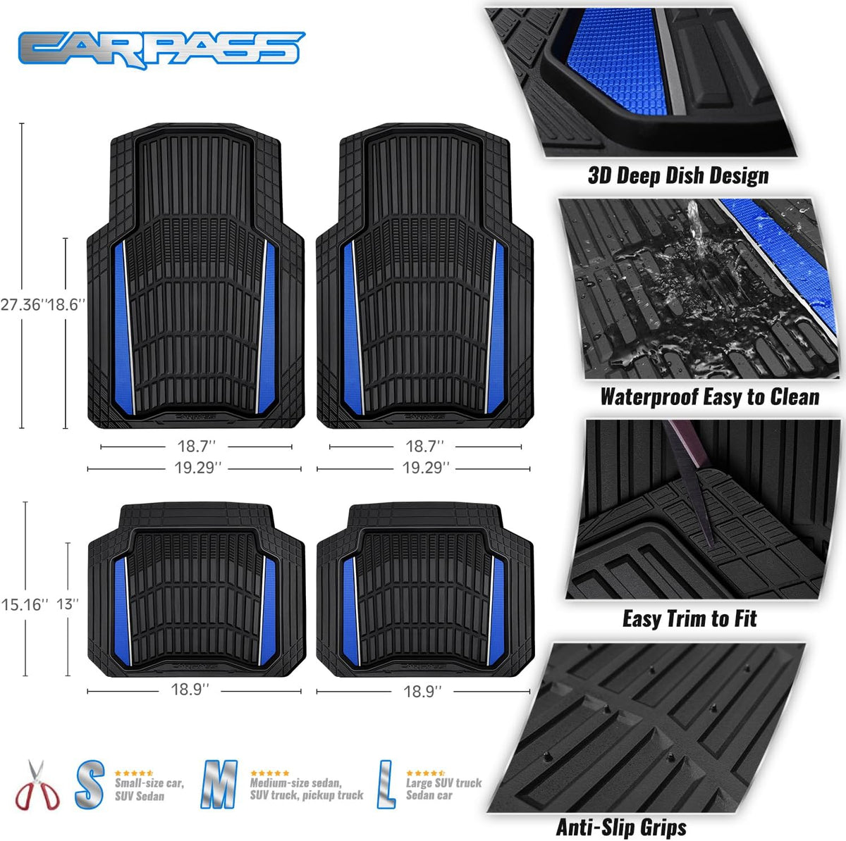 CAR PASS Heavy Duty Rubber Car Floor Mats, Deep Waterproof Car Floor Mats All Weather, Aluminum Film Floor Mats for Cars Non-Slip Universal Trim to Fit for SUVs Trucks Sedans Vans, Black Blue Metallic