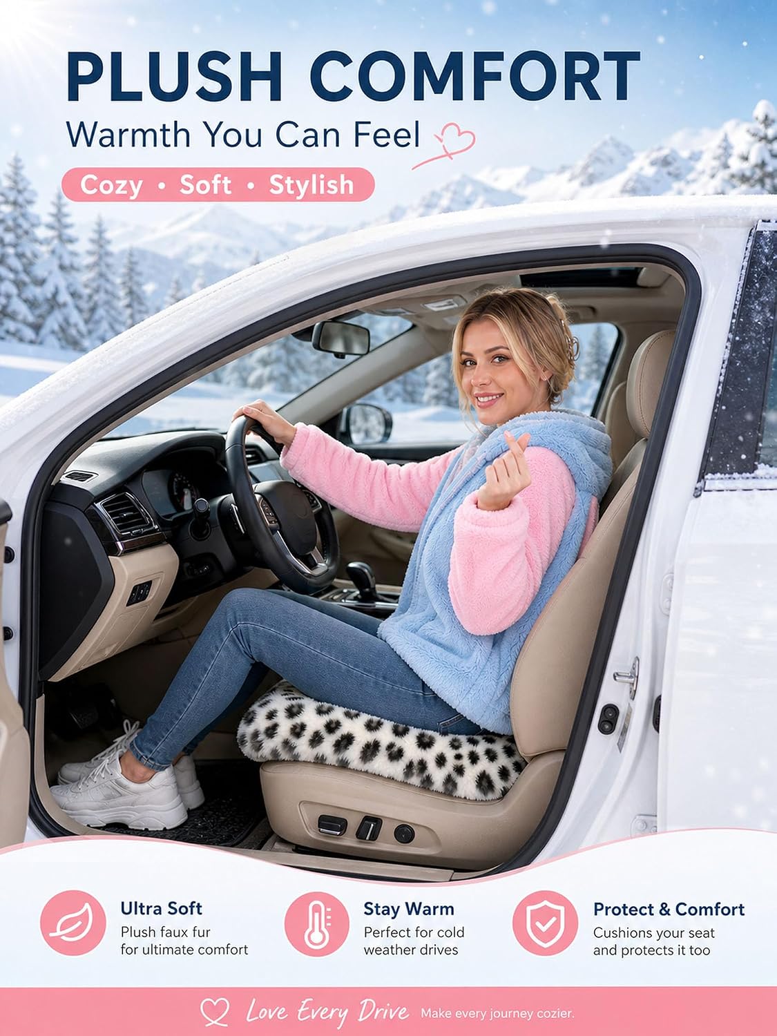 Winter Soft Warm Faux Rabbit Fur car seat Cushion,Universal fit Plush Front and Back Fuzzy car seat Pads Cushion Cover Protector - 1pcs (Front seat 1pcs, Leopard dots)