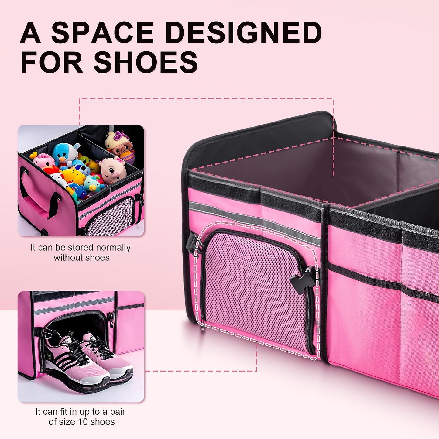 SugarFox Bold Color Block Trunk Organizer | 95L, 35"x13.8"x11.8" | Dedicated Shoe Storage & 26L Ice Pack | Foldable for SUV/Car/Jeep | Stylish Gift & Car Accessories for Men & Women - Pink-X212