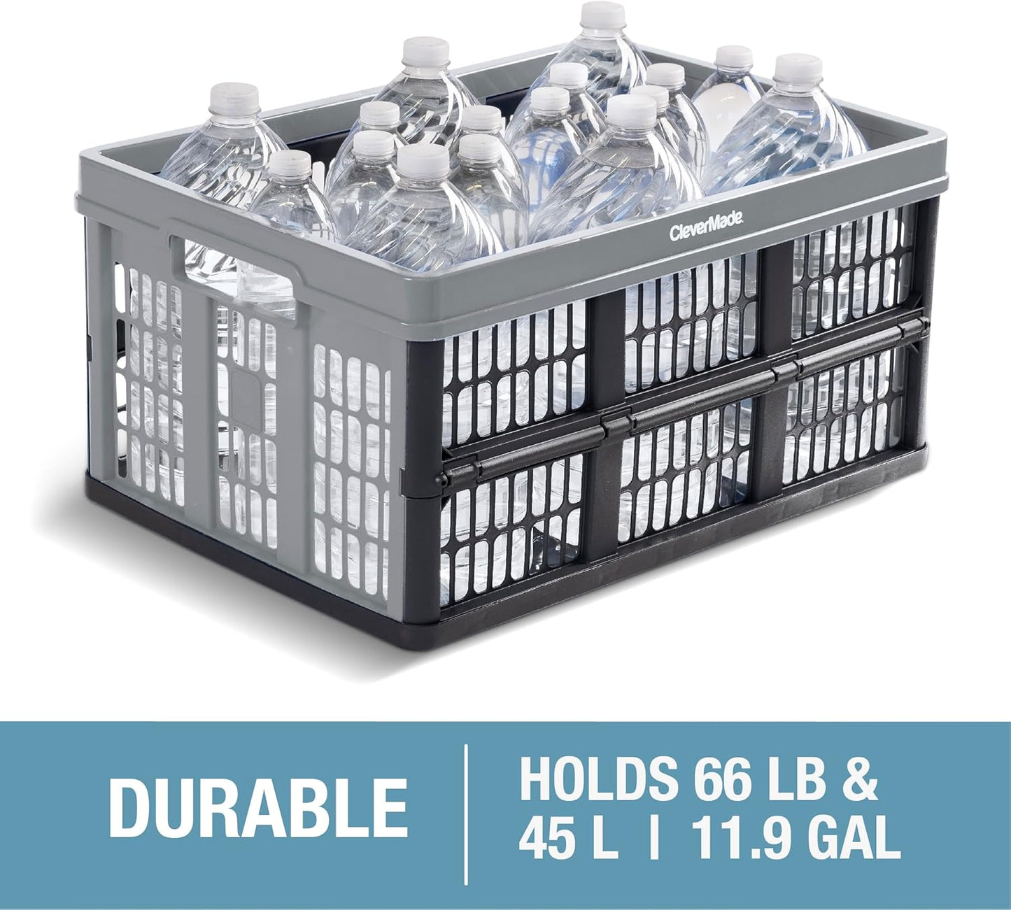 CleverMade Collapsible Utility Crates - Red 1pck 45L / 11 Gal holds 66 lbs - Stackable Containers Heavy Duty Capacity Crates Space-Saving Baskets