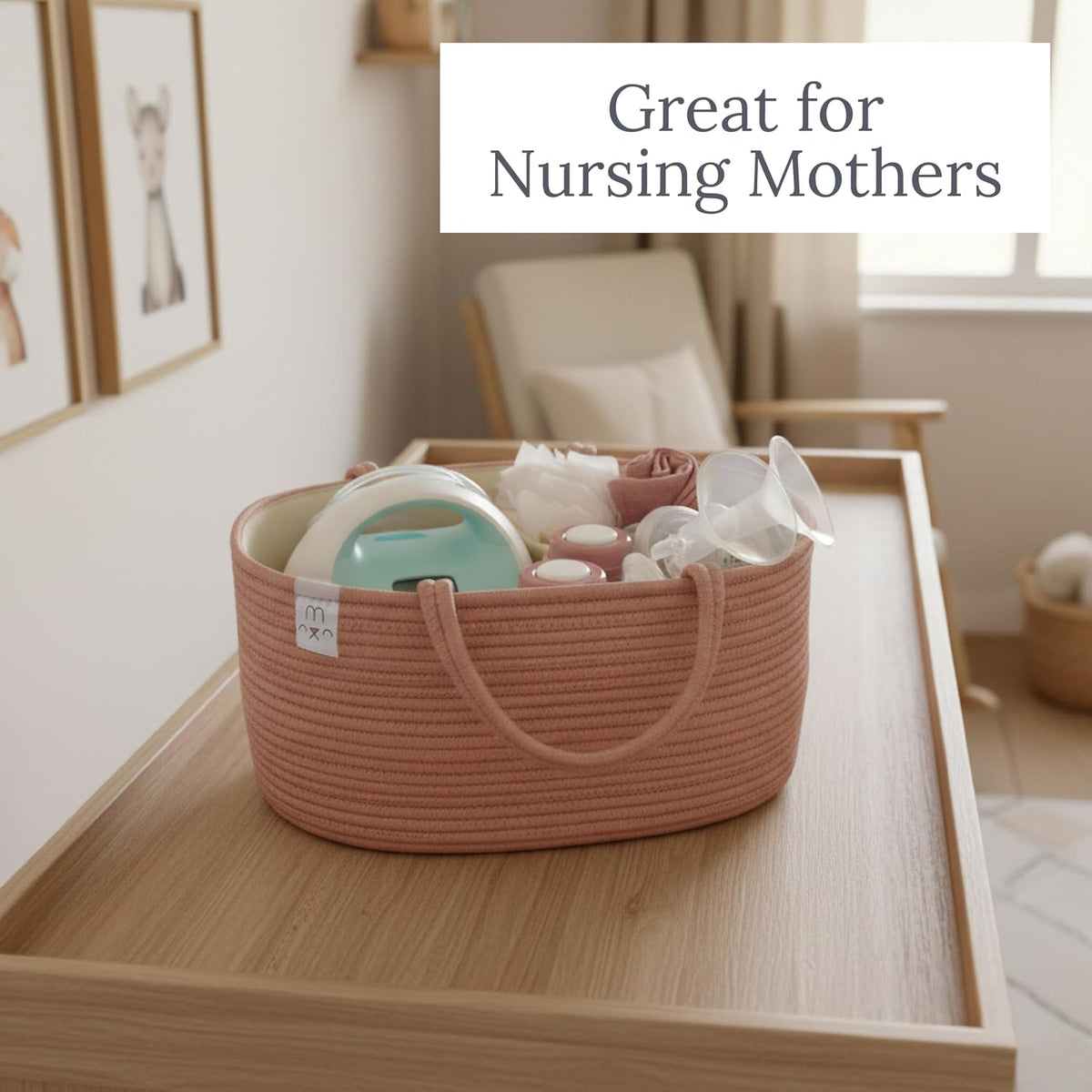 Natemia Rope Diaper Caddy Organizer – Nursery Storage Basket with 3 Compartments for Breast Pump Storage, Diapers, Wipes & Toys – Portable Tote and Gift Bag for Registry and Newborn Essentials