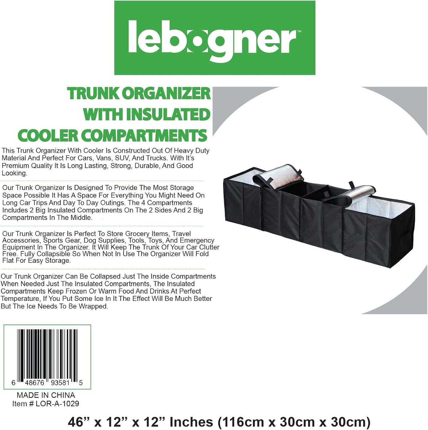 lebogner Auto Trunk Organizer With Insulated Cooler Compartments X-Large Vacation Trunk Cooler Box For Hot Or Cold Food While Traveling, Multipurpose Collapsible Car Accessories Storage Organizer
