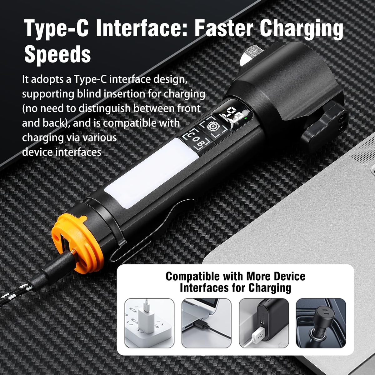 Car Window Breaker Seatbelt Cutter with LED Flashlight, Rechargeable Emergency Hammer, Glass Breaker Tool, Strobe SOS Beacon, USB-C Charging