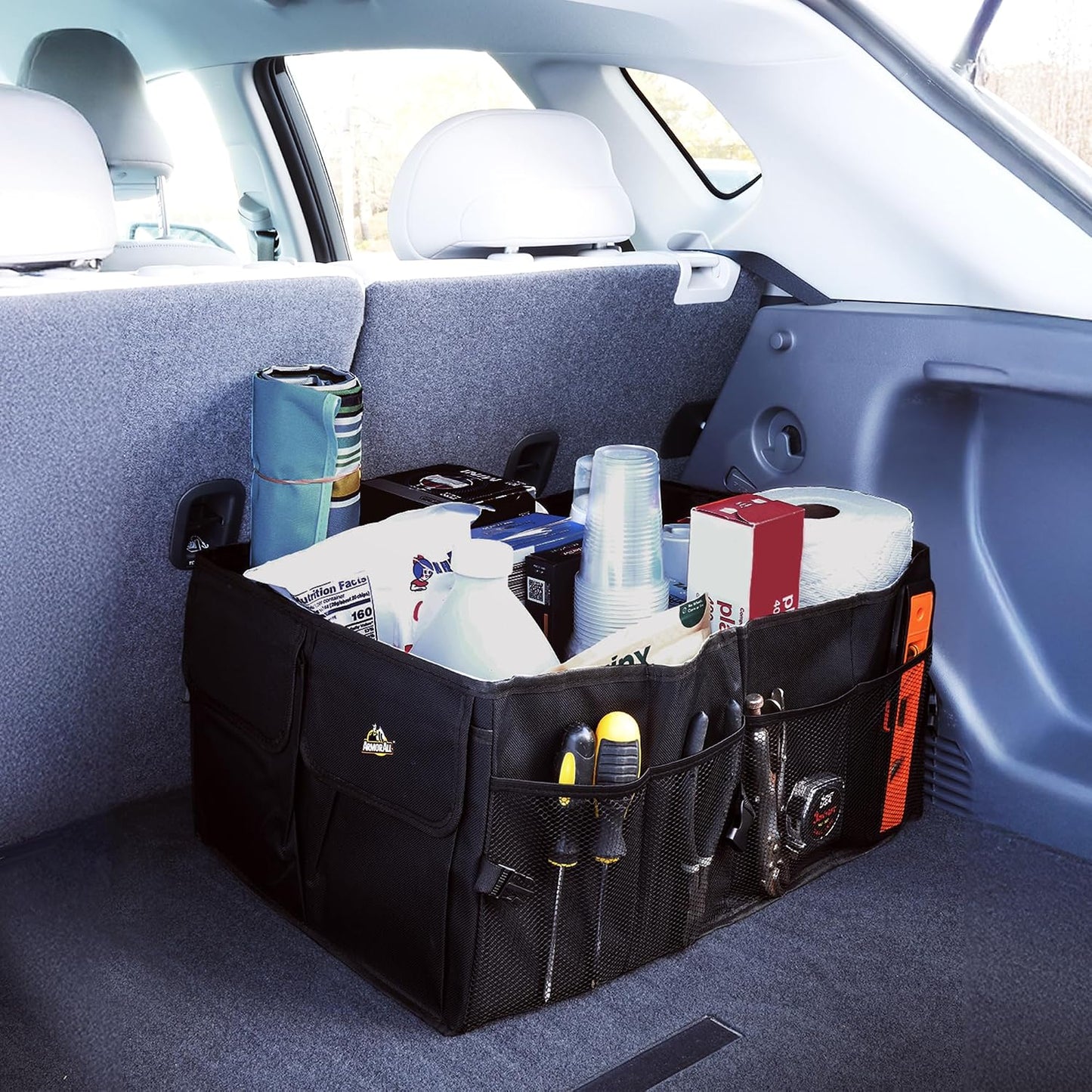 Armor All Trunk Organizer for SUV & Car, Extra-Large 9 Compartment Collapsable Lightweight Waterproof Car Organizer, 3 Compartments, 4 Mesh Pockets, 2 Pockets, 20.5” x 14.5” x 10”, Compression Buckles