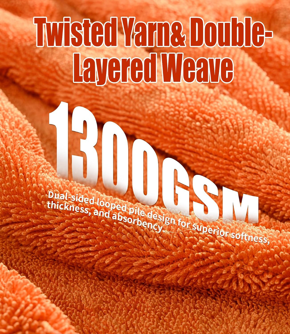 2-Pack Car Drying Towels 24x36 Inch 1300GSM, Twisted Loop Microfiber Cloth for Auto Detailing - Super Absorbent, Lint-Free & Streak-Free for SUV, Truck & Window（Gray-Orange）