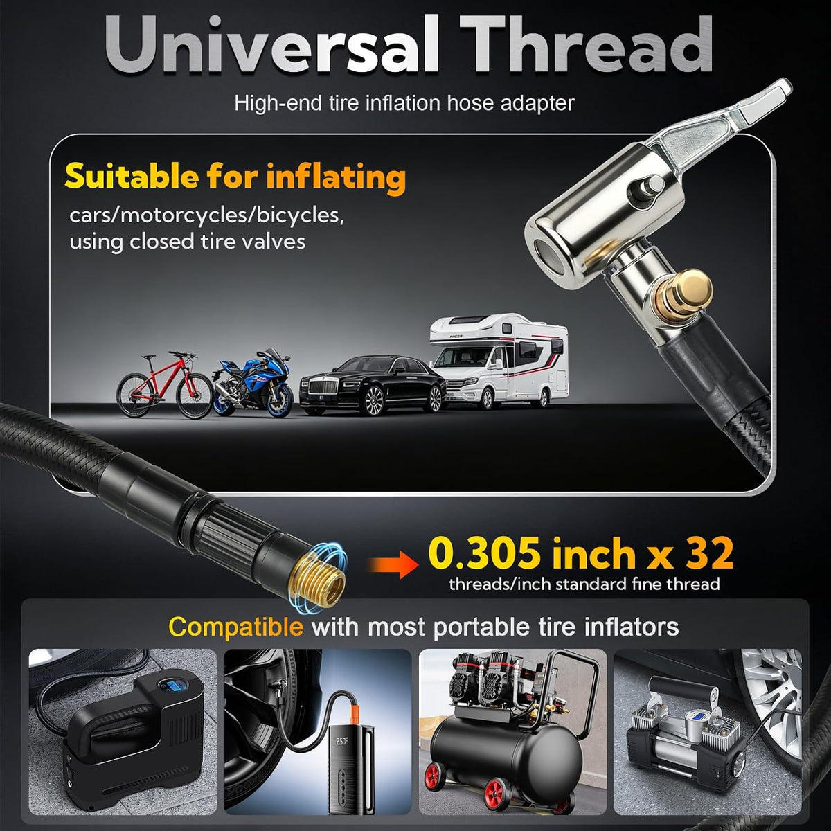 21'' Tire Inflation Hose,Tire Inflator Hose Adapter w/360° Rotating End