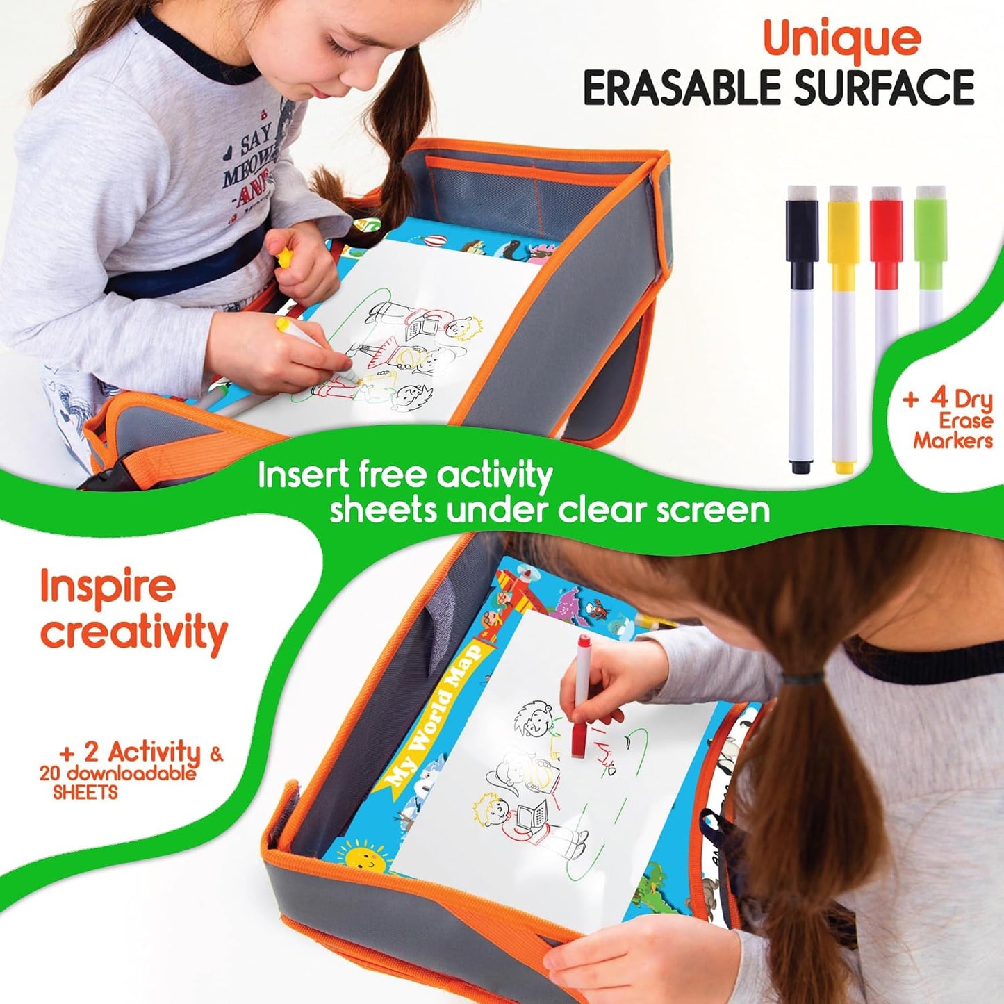 Kids Travel Tray - Waterproof Car Table with No-Drop Large Tablet Holder - Car Seat Tray - Road Trip Must Haves - Kids Lap Desk Organizer for Airplane - Toddler Travel Essentials (Orange)