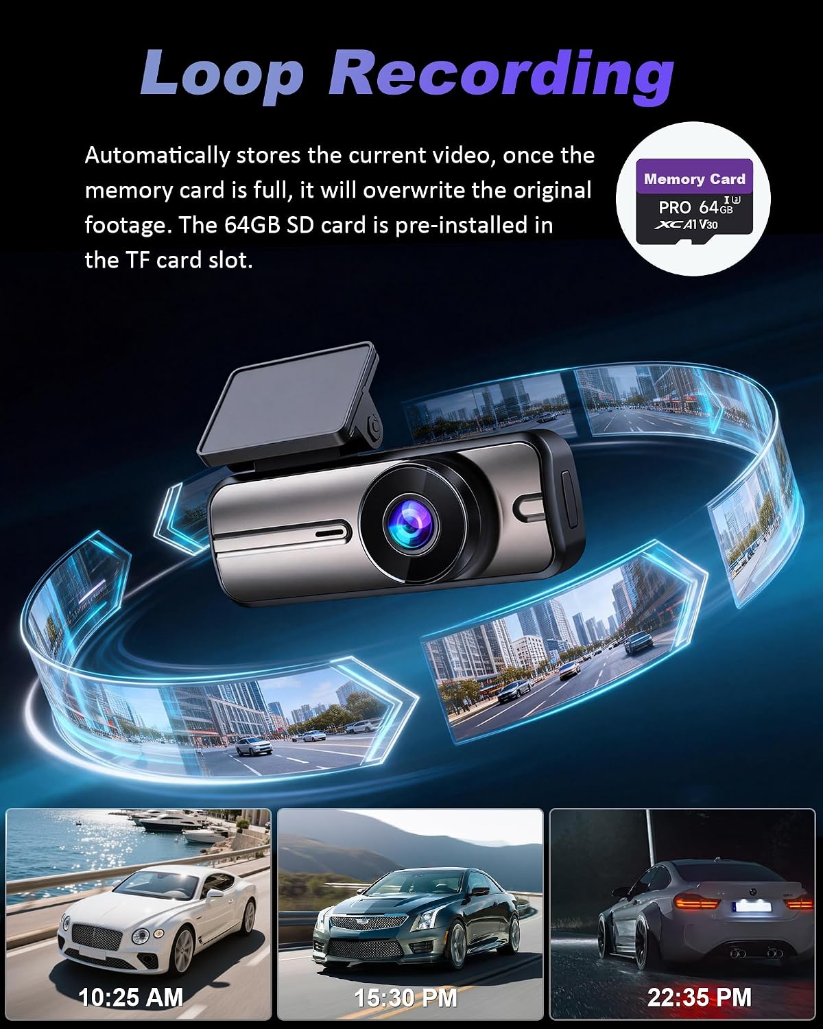 Dash Cam Front and Rear 4K+1080P, 5GHz WiFi, App Control, with 64GB Card