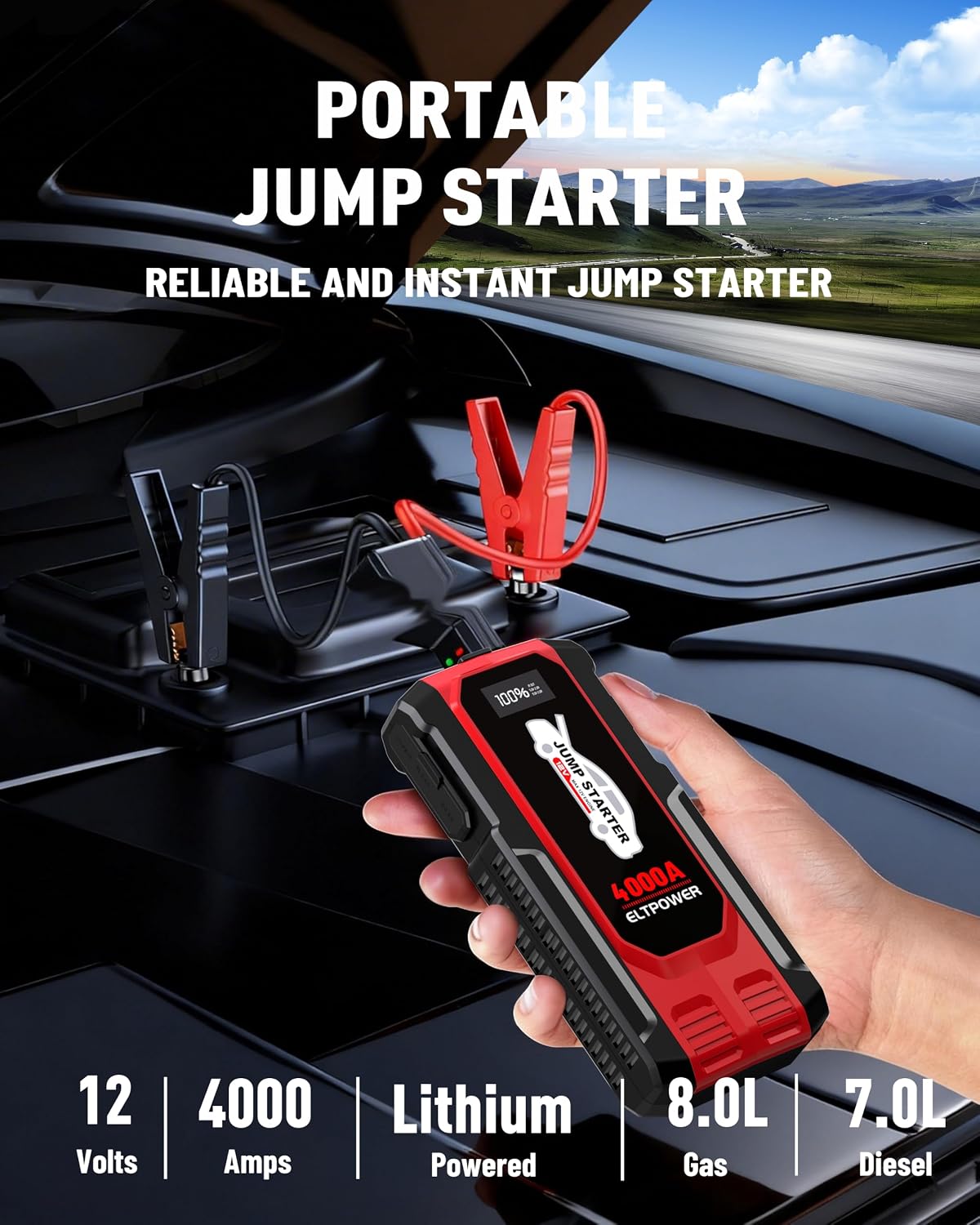 4000A Heavy Duty Jump Starter, 74Wh 12V Portable Truck Battery Booster Jump Box, Car Jump Starter for 8.0L Gas & 7.0L Diesel Engine, USB Fast Charge LED SOS Light with Storage Carry Case