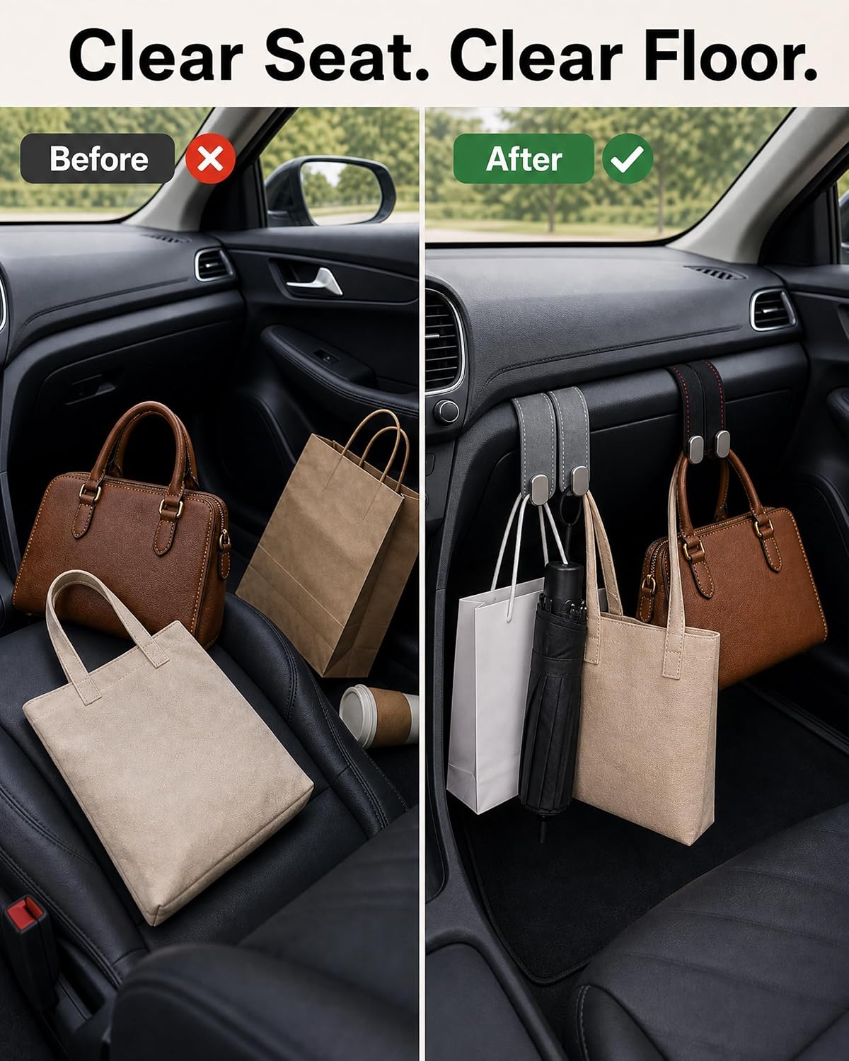 Car Headrest Hooks, 2 Pack Suede Leather Seat Hooks for Purses and Bags, Dual Hook Purse Holder for Seat Back and Passenger Glove Box, Universal Hangers for Handbags, Coats, Groceries, Black
