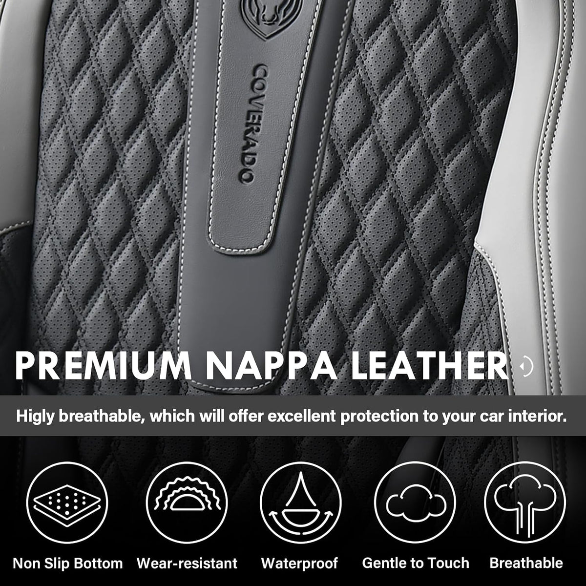Coverado Car Seat Covers Full Set, Nappa Leather Seat Covers, Waterproof Car Seat Protector with Lumbar Support, Automotive Seat Covers Universal Fit for Most Cars SUV Trucks (Black-Gray)