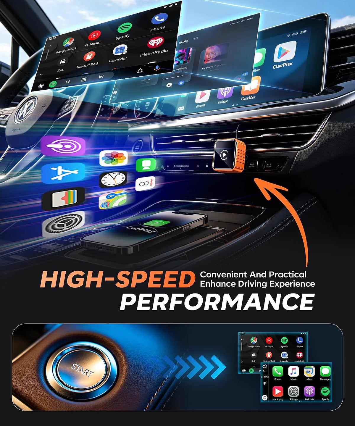 Beyn Wireless CarPlay Adapter for iPhone & Android - Convert Wired to Wireless CarPlay & Android Auto - Dual-Band Zero Latency for iOS 10+ & Android 11+, Fits 2016+ Wired Cars
