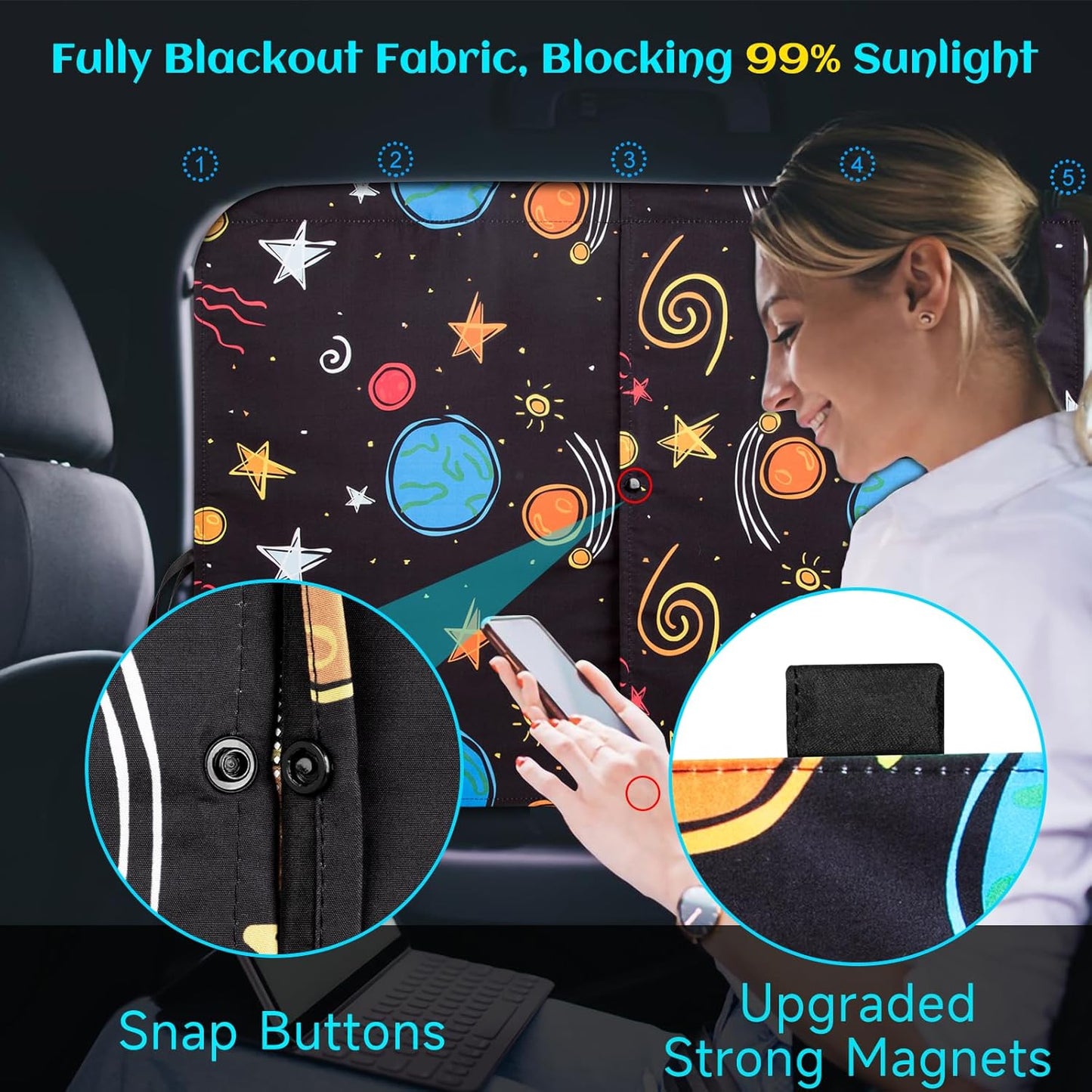 Car Window Shades, 2 Packs Magnetic Car Sun Shades for Baby, 2 Layers for Blackout/See Through Options Colorful Starry Pattern Side Window Curtain for Kids Heat/UV Blocker