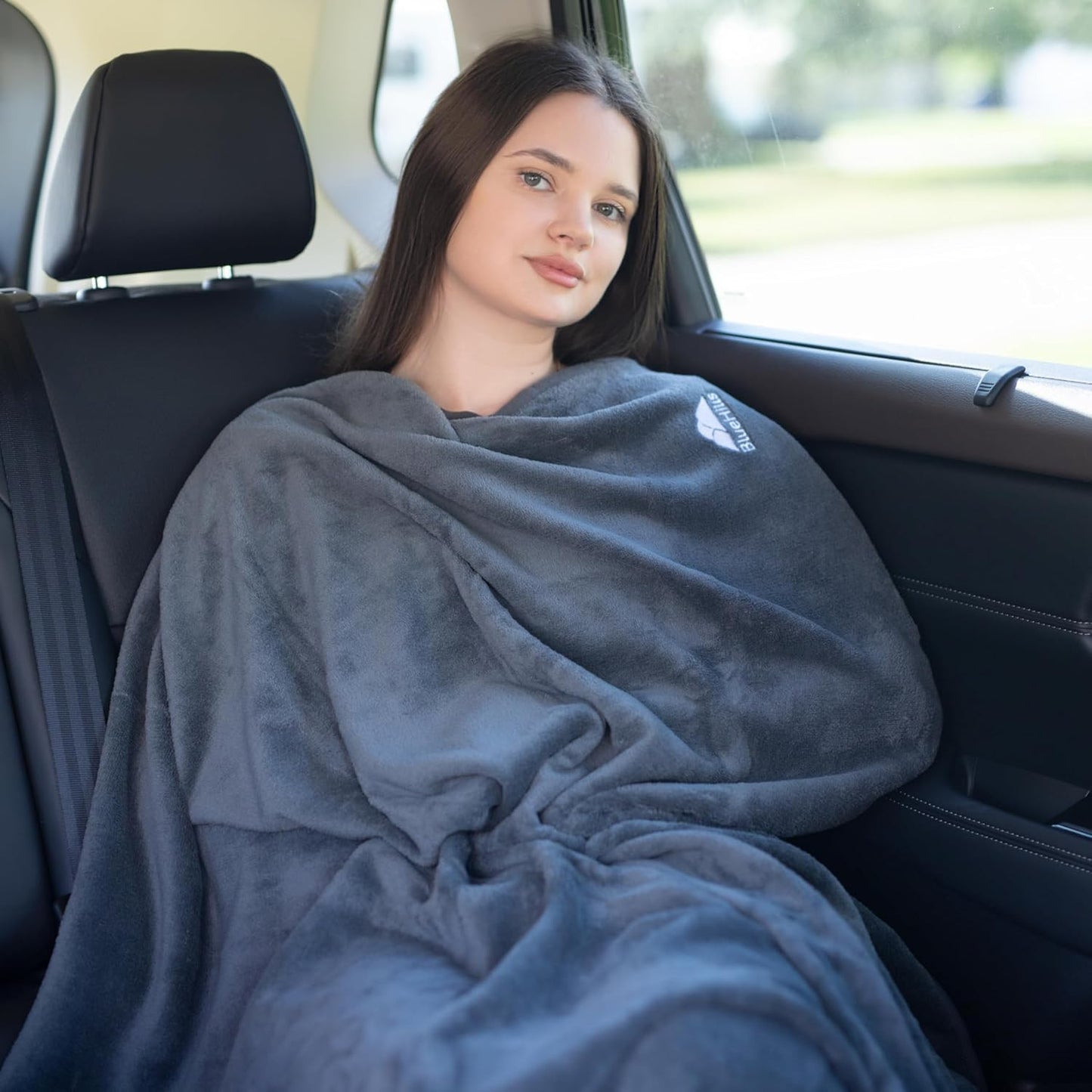 BlueHills Travel Blanket Pillow in Mini Soft Case Premium Plush Airplane Blanket Soft Bag Compact Pack with Luggage Belt and Backpack Clip Small Lightweight Traveling Plane Essentials - Grey Gray M01