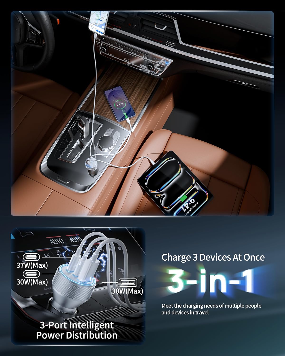 67W 3-Port Super Fast Type C Car Charger USB C for Samsung S26 S25 S24 S23