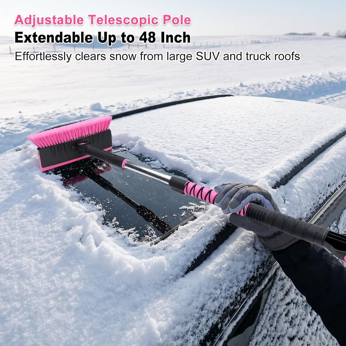 48 Inch Extendable Snow Brush with Squeegee Ice Scraper - Pink