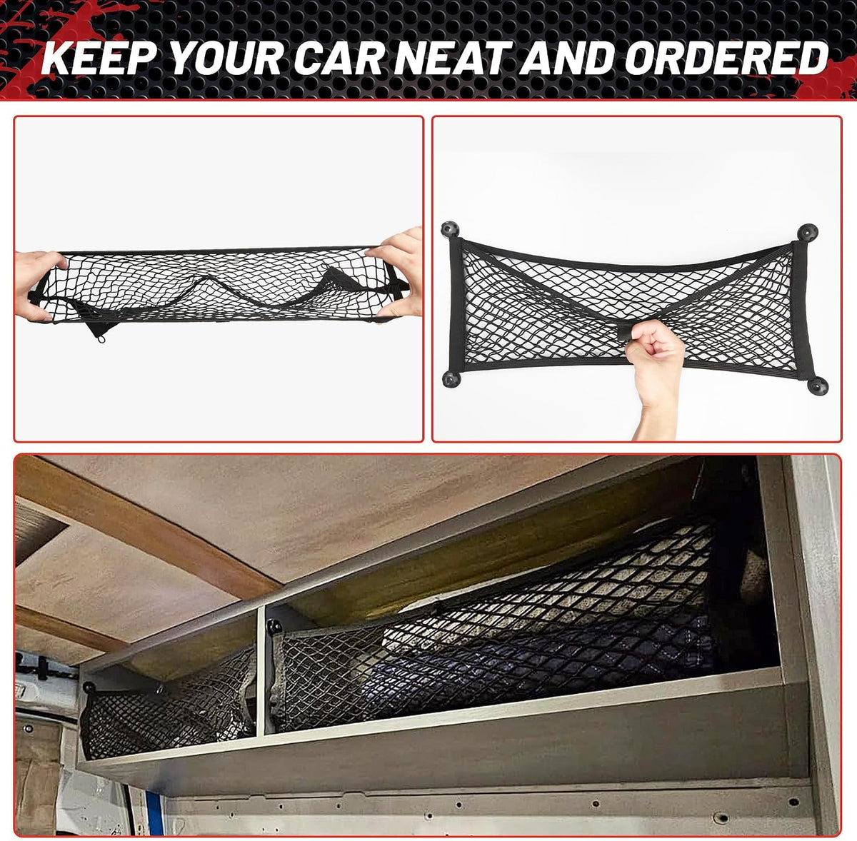 RED WOLF 2 Pcs Universal Cargo Net Pocket Elastic Mesh Netting Car Mesh Pouch for Trunk RV Boats Home Cargo Storage Mesh with Screws and Hooks (25.6'' x 9.8'')
