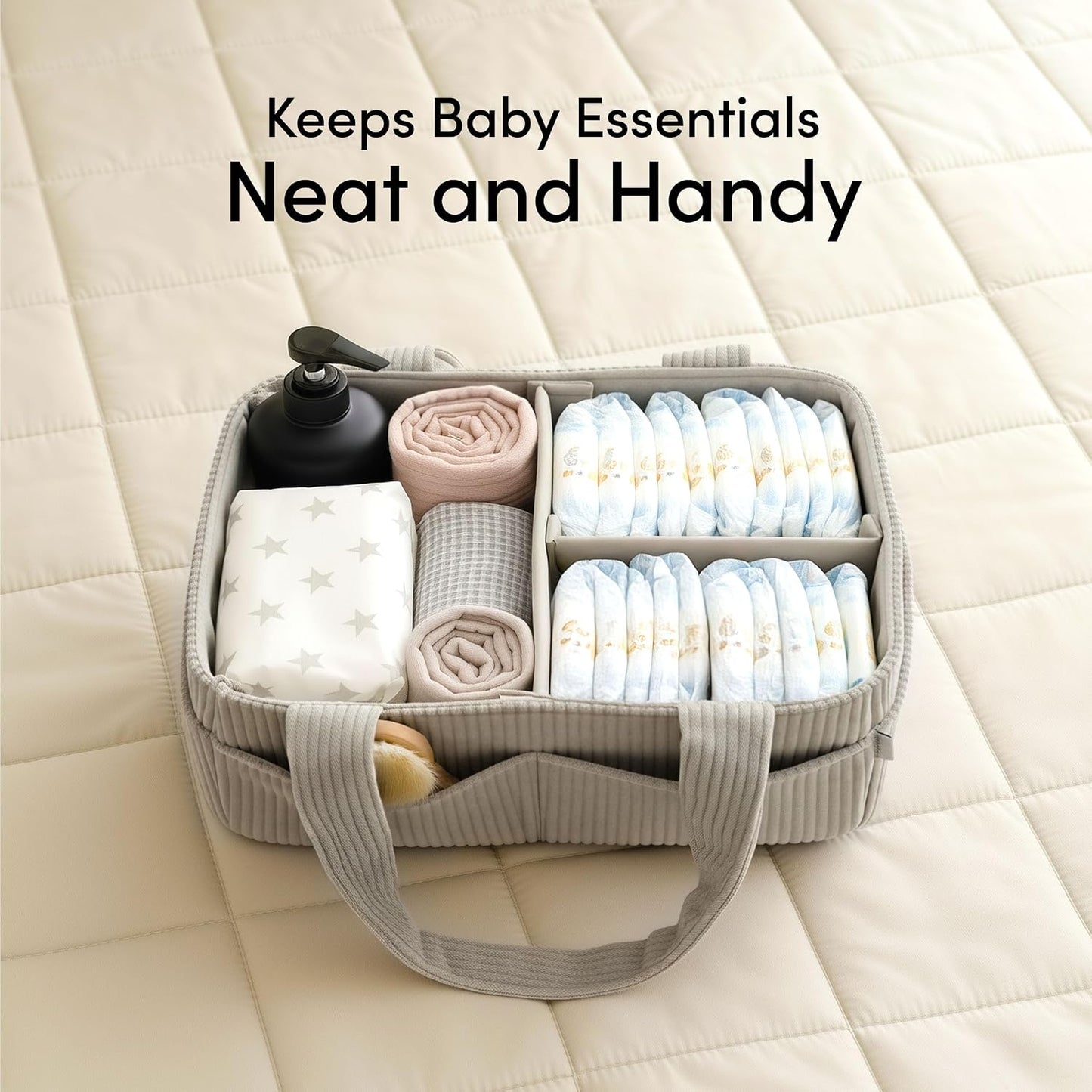 PUTSKA Baby Diaper Caddy Organizer for Changing Table – Stylish Nursery Storage Basket, Newborn Essentials, Baby Shower Gifts and Registry Must-Haves for Boy or Girl, Car Diaper Caddy, Corduroy Grey
