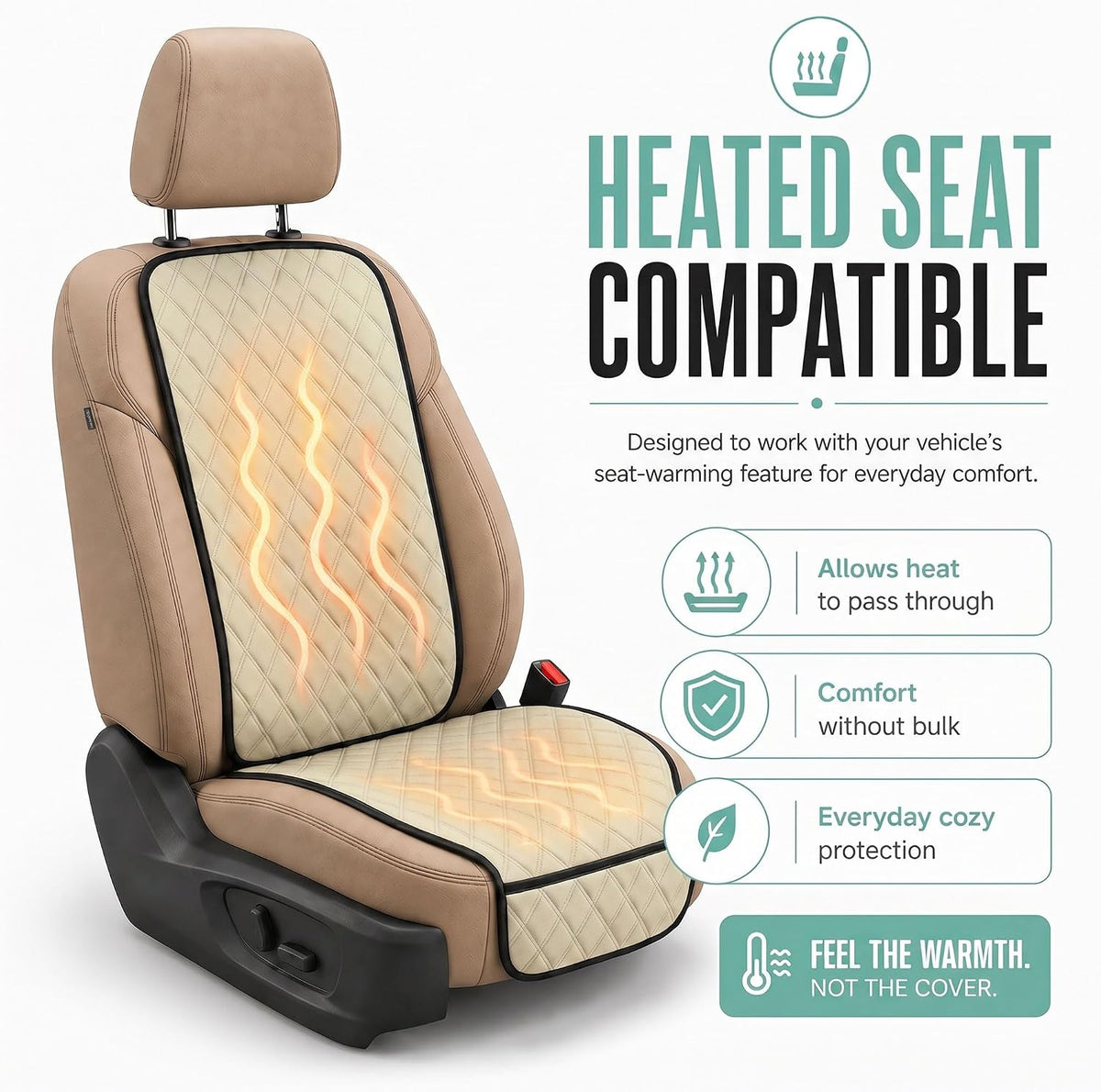 FH Group Car Seat Cushion – Neosupreme Single Front Seat Cover with Front Pockets, Airbag Compatible, Universal Fit Car Seat Cushion for Driver or Passenger Seat, SUV, Truck, Sedan & Van – Beige