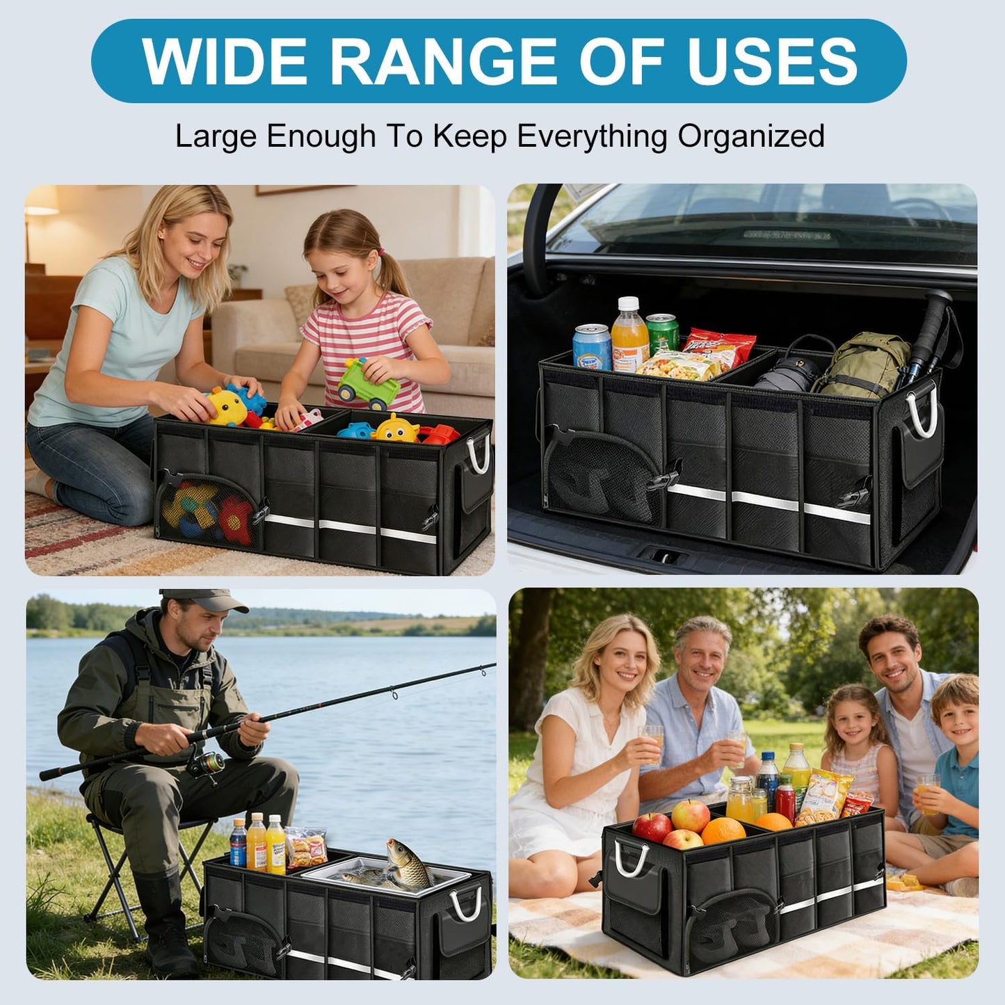 92L Large Collapsible Trunk SUV Organizer with Cover | 1680D Oxford Car Cargo Storage with Dividers, 4 Mesh Pockets, Reflective Strip, and Waterproof bag for Groceries and Wet Gear