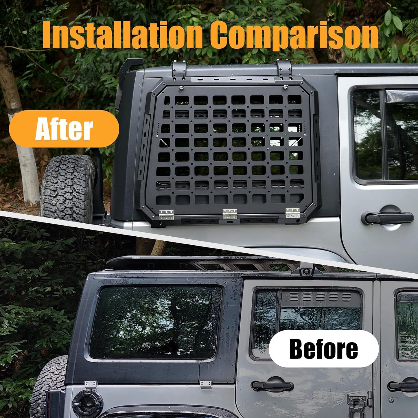 Multifunctional Rear Window Storage Panel Compatible with 2007-2018 Jeep Wrangler JK 4 doors Openable Design Tactical Molle Platform for Tools, Gear & Accessories Durable Modular Storage Solution，2pc