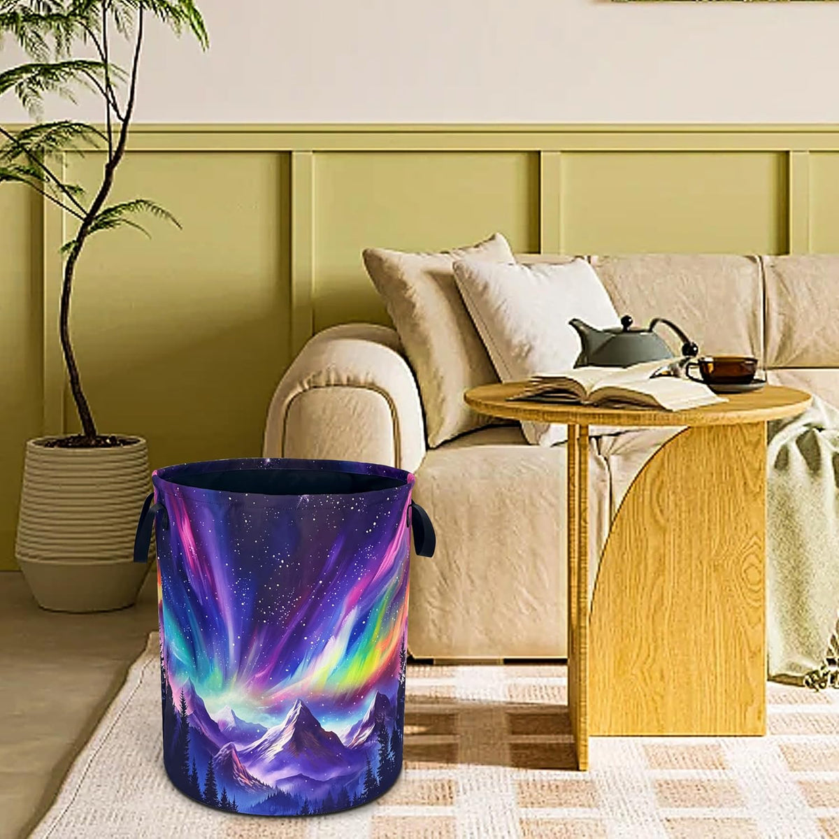 Aurora Mountains Laundry Basket Night Sky Forest Foldable Oxford Cloth